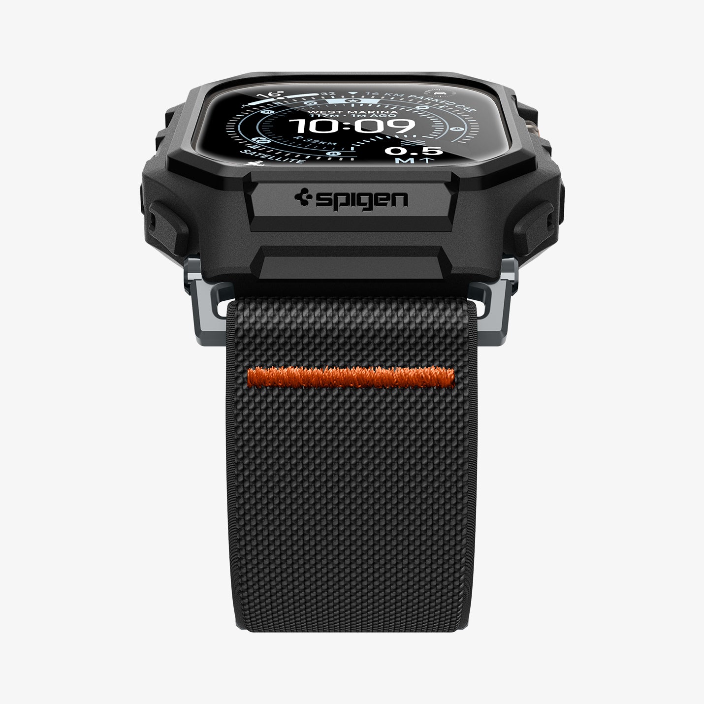 ACS11415 - Front view of Spigen Lite Fit Pro Apple Watch Ultra case with Spigen branding and black nylon band with orange stitching detail