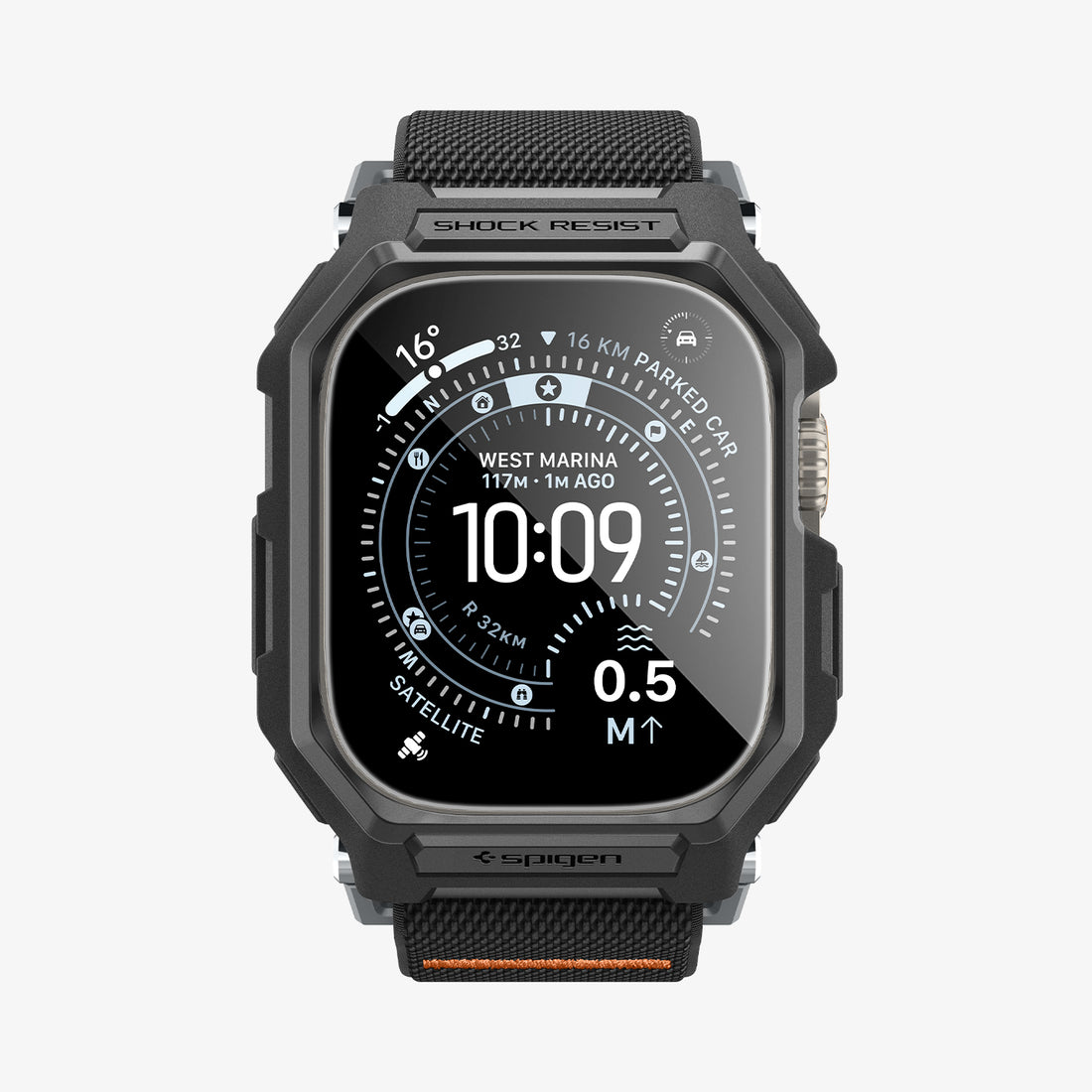 ACS11415 - Straight-on front view of Spigen Lite Fit Pro Apple Watch Ultra case showing Shock Resist bezel engraving and Spigen logo
