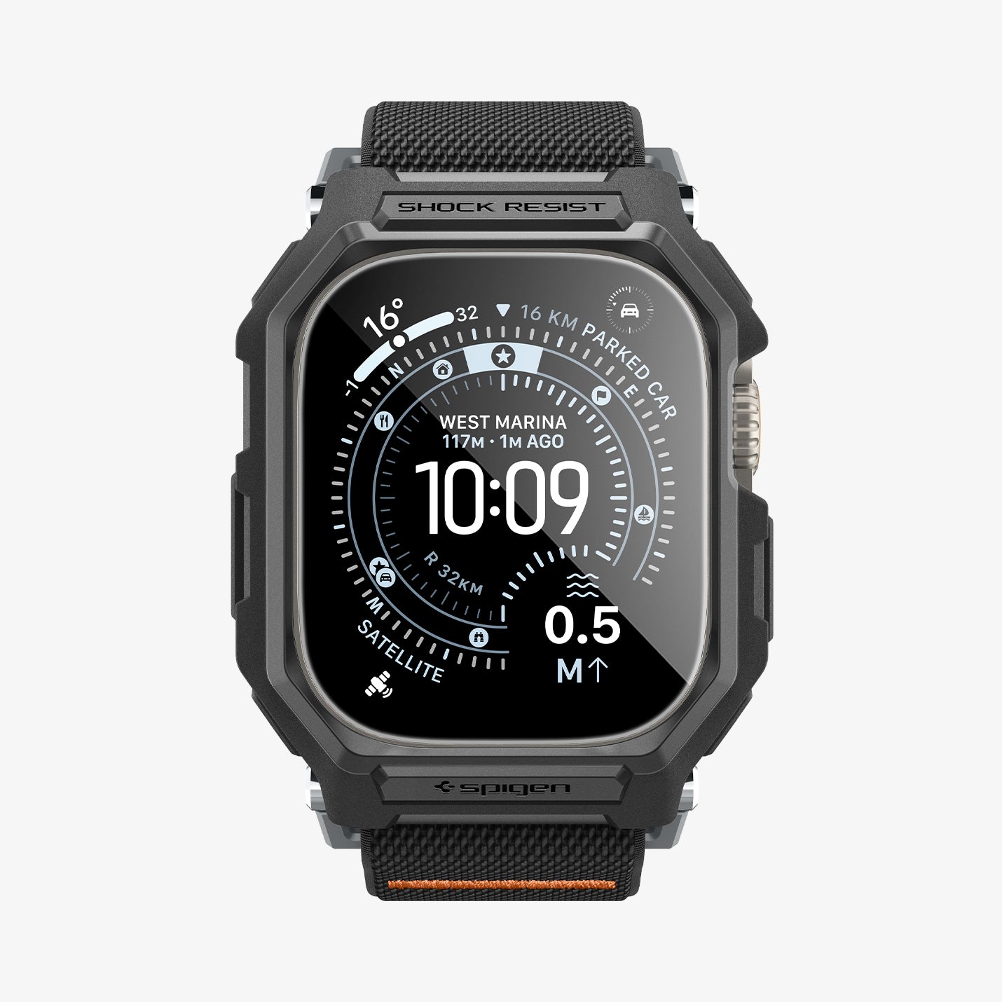ACS11415 - Straight-on front view of Spigen Lite Fit Pro Apple Watch Ultra case showing Shock Resist bezel engraving and Spigen logo
