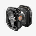 ACS11414 - Side-by-side front and back view of Spigen Rugged Armor case for Apple Watch Ultra showing full case construction and interior
