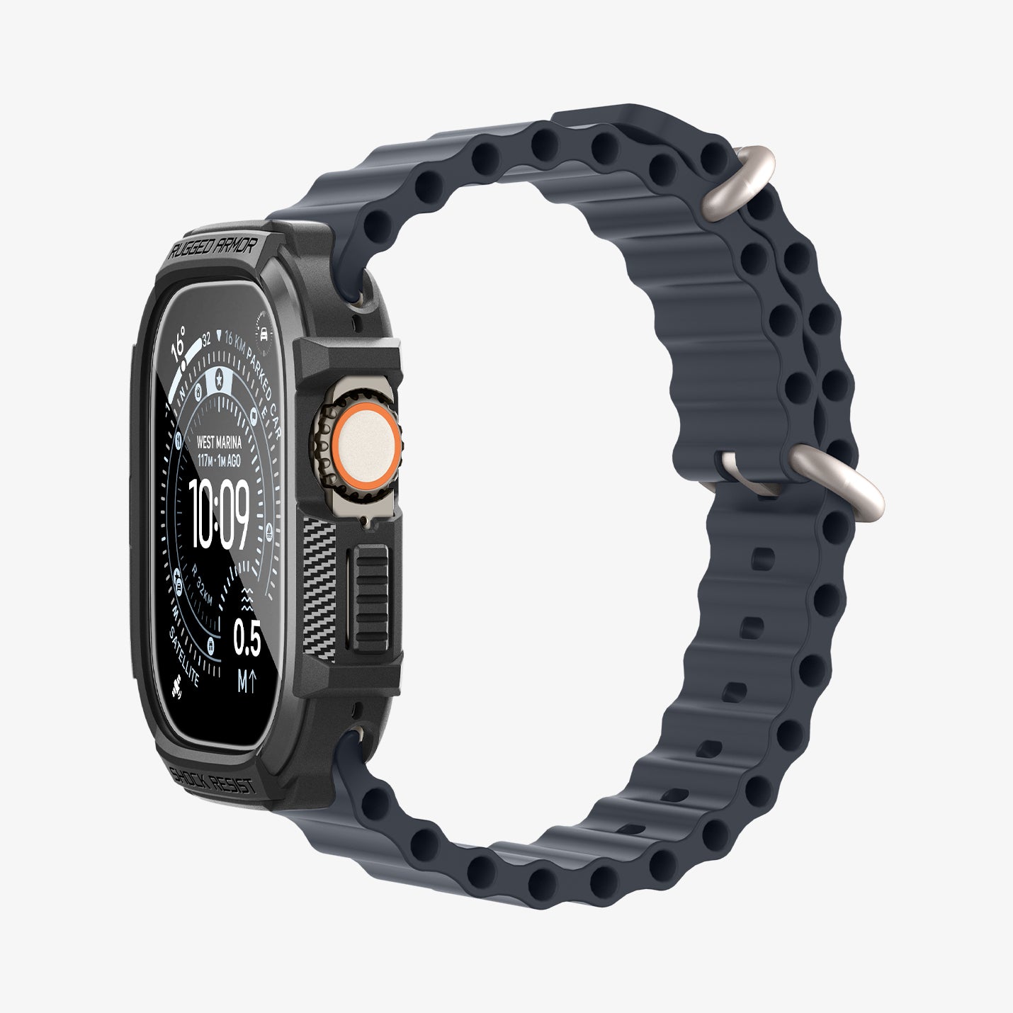ACS11414 - Three-quarter front-left view of Spigen Rugged Armor Apple Watch Ultra case showing Rugged Armor branding and black Band