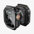 ACS11414 - Exploded view of Spigen Rugged Armor Apple Watch Ultra case with screen protector film floating in front and back case detail visible