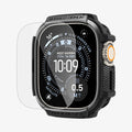 ACS11414 -  Front angled view of Spigen Rugged Armor Apple Watch Ultra case with screen protector overlay showing full display coverage