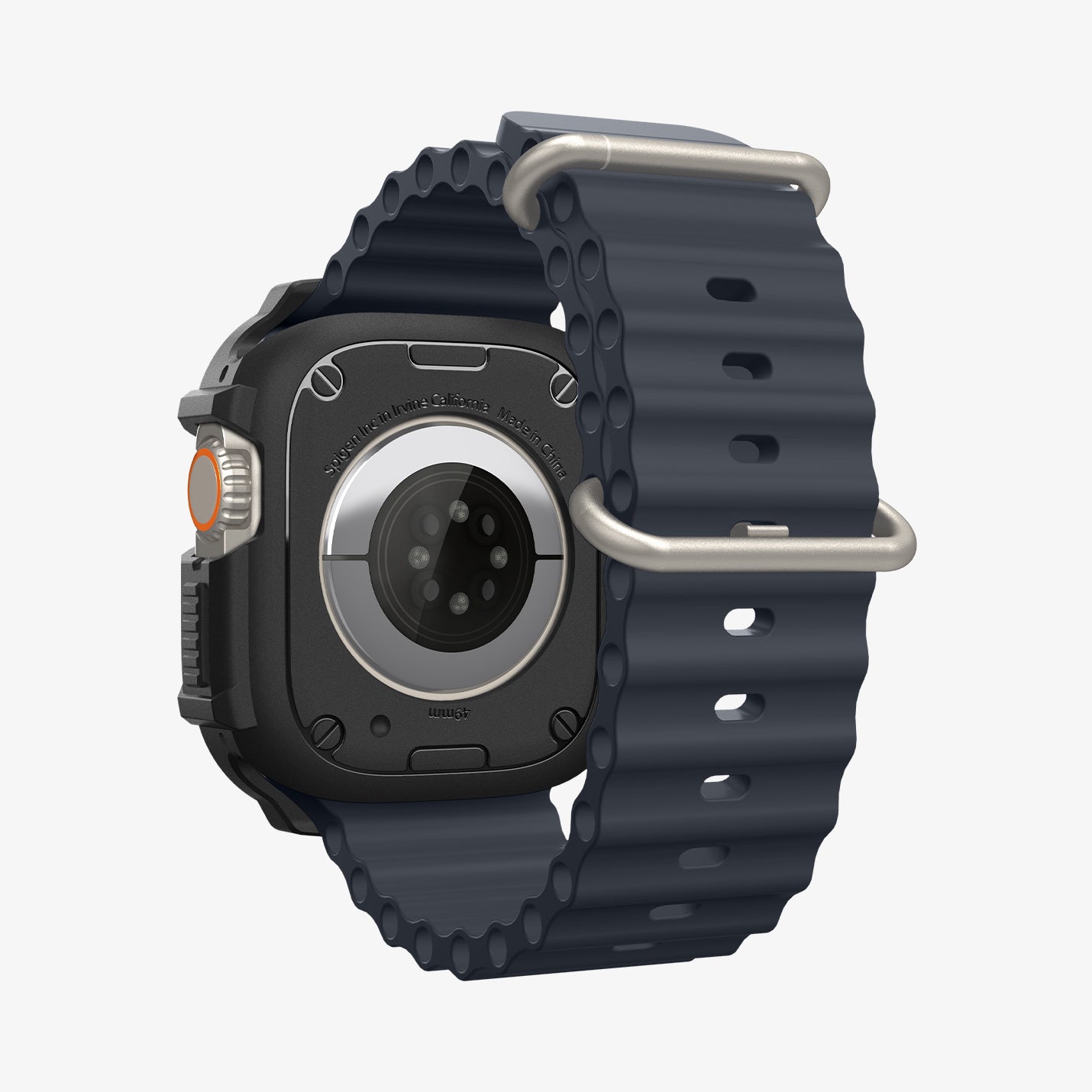 ACS11414 - Spigen Rugged Armor case for Apple Watch Ultra front view showing shock-resistant frame with carbon fiber detail, Digital Crown access, and black band