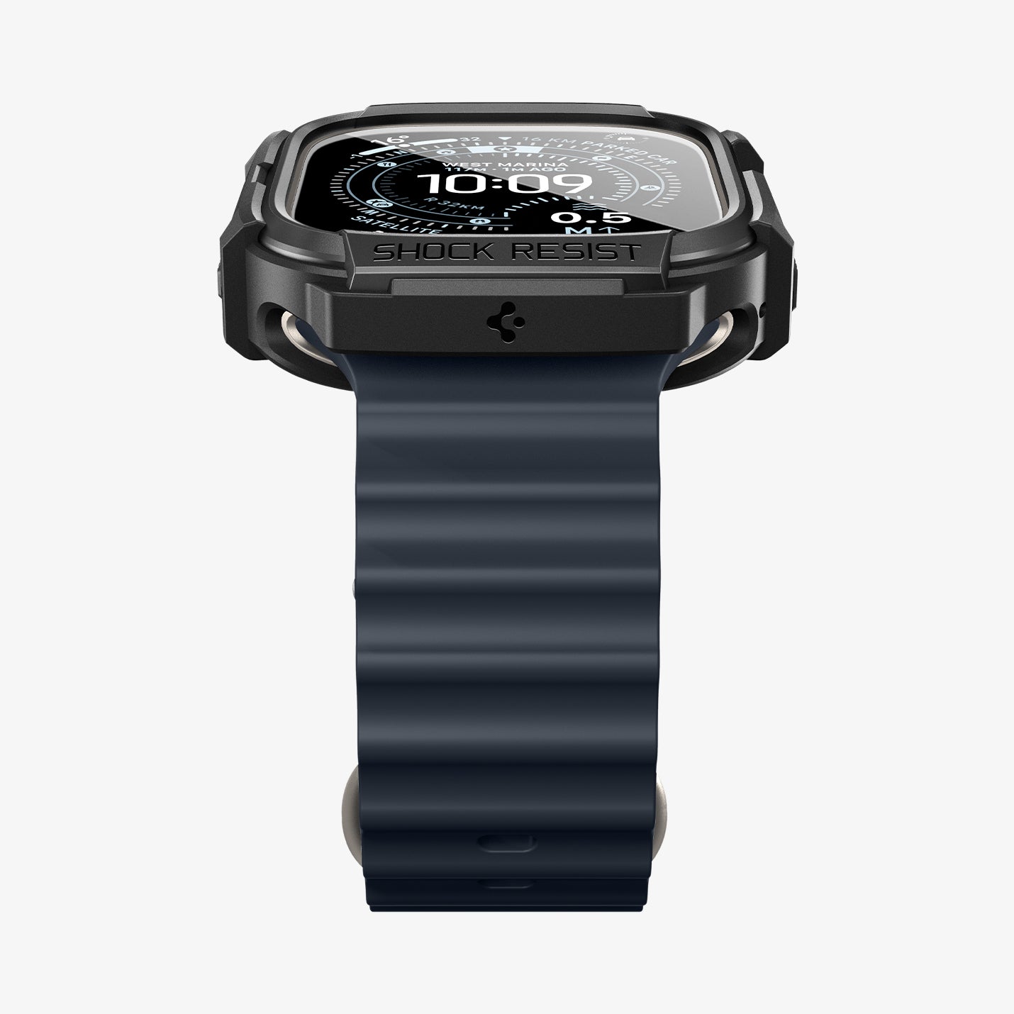 ACS11414 - Front view of Spigen Rugged Armor case on Apple Watch Ultra showing Shock Resist bezel engraving and black Band
