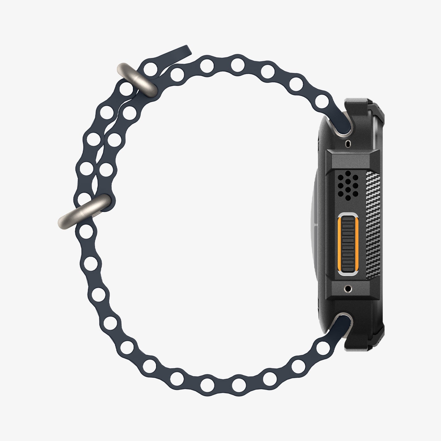 ACS11414 - Right side profile of Spigen Rugged Armor Apple Watch Ultra case showing Action Button cutout with orange accent and carbon fiber texture detail