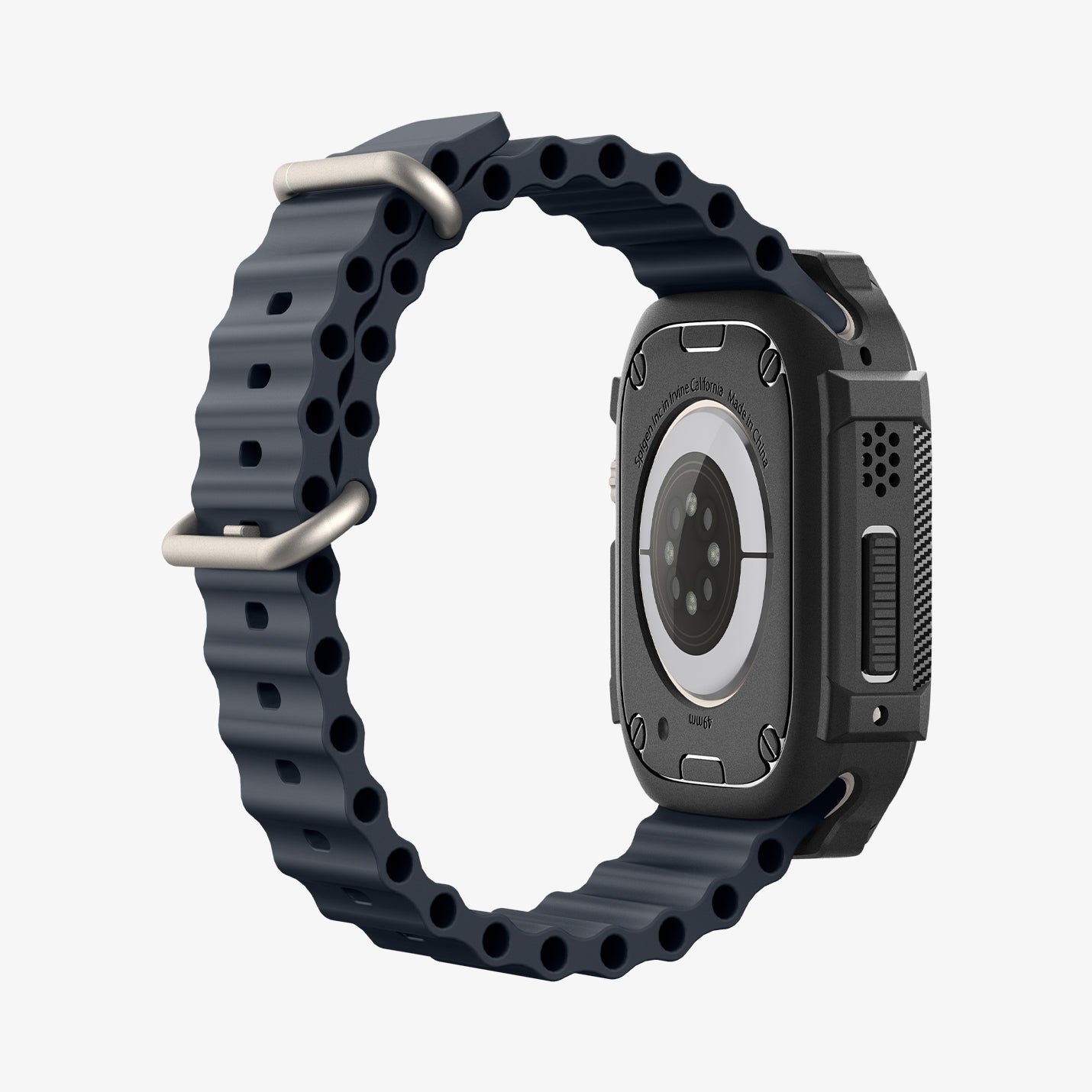 ACS11414 - Three-quarter back view of Spigen Rugged Armor Apple Watch Ultra case in matte black with carbon fiber side detail and black Band