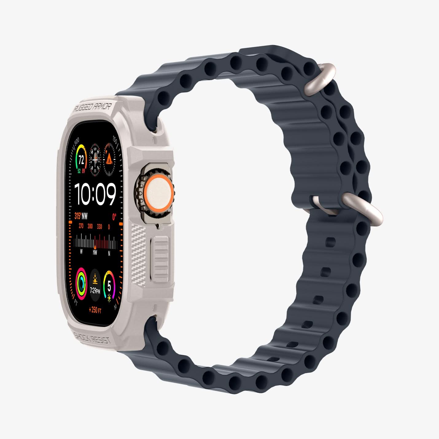 ACS07381 - Apple Watch (49mm) Rugged Armor in Dune Beige showing the partial front, partial side and partial inner side of the band