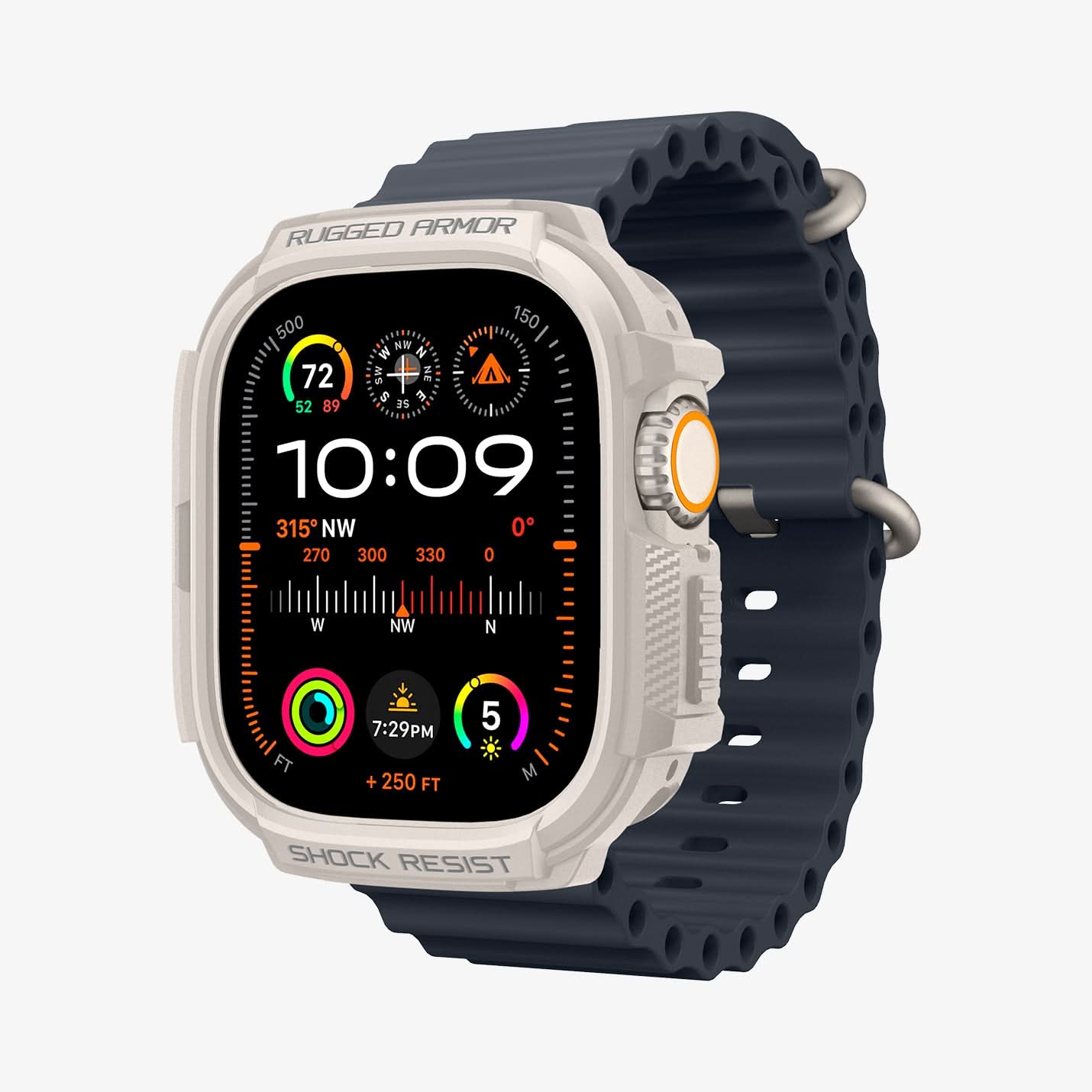 ACS07381 - Apple Watch (49mm) Rugged Armor in Dune Beige showing the front, partial side and inner side of the band