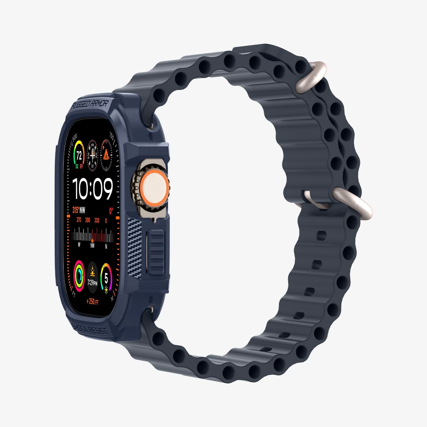 ACS07382 - Apple Watch (49mm) Rugged Armor in Navy Blue showing the front, side and inner side of the band