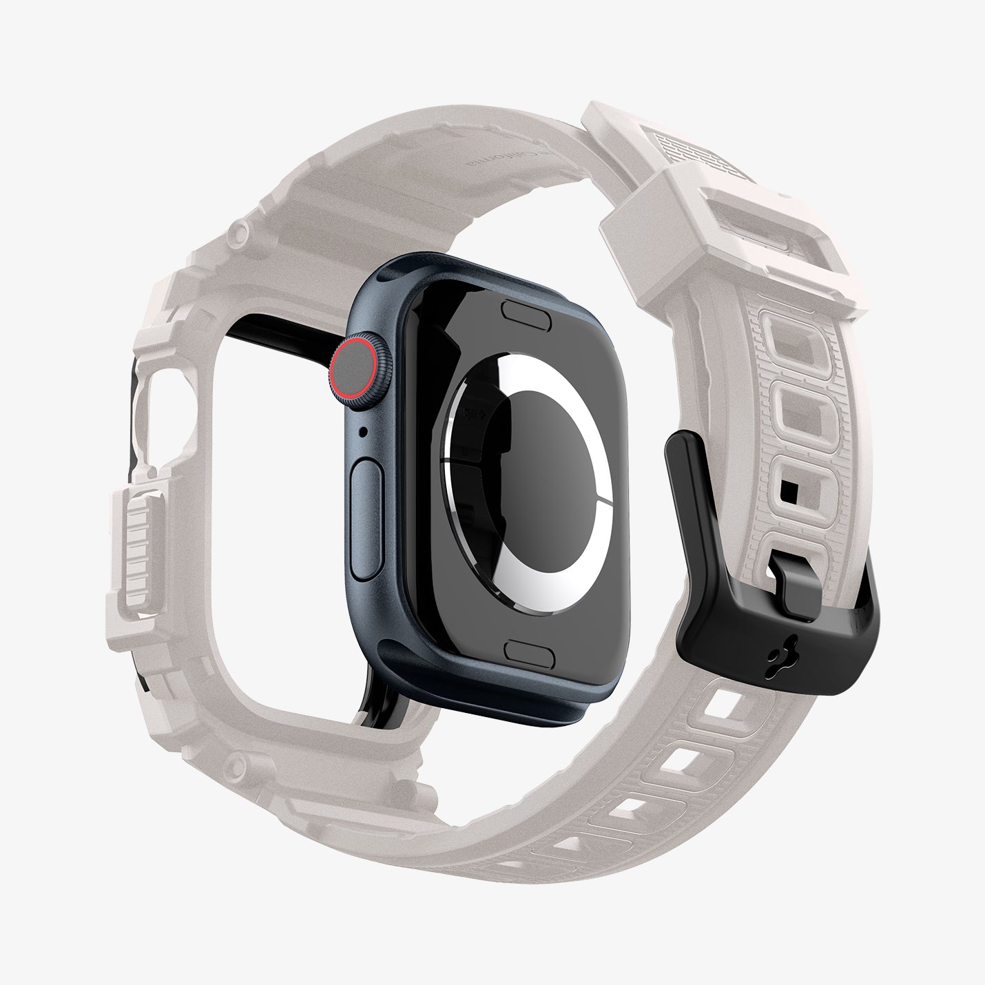 ACS08593 - Apple Watch 10 (42mm) Case Rugged Armor Pro in Dune Beige showing the back, detached from the case, hovering under the band, showing inner side and back