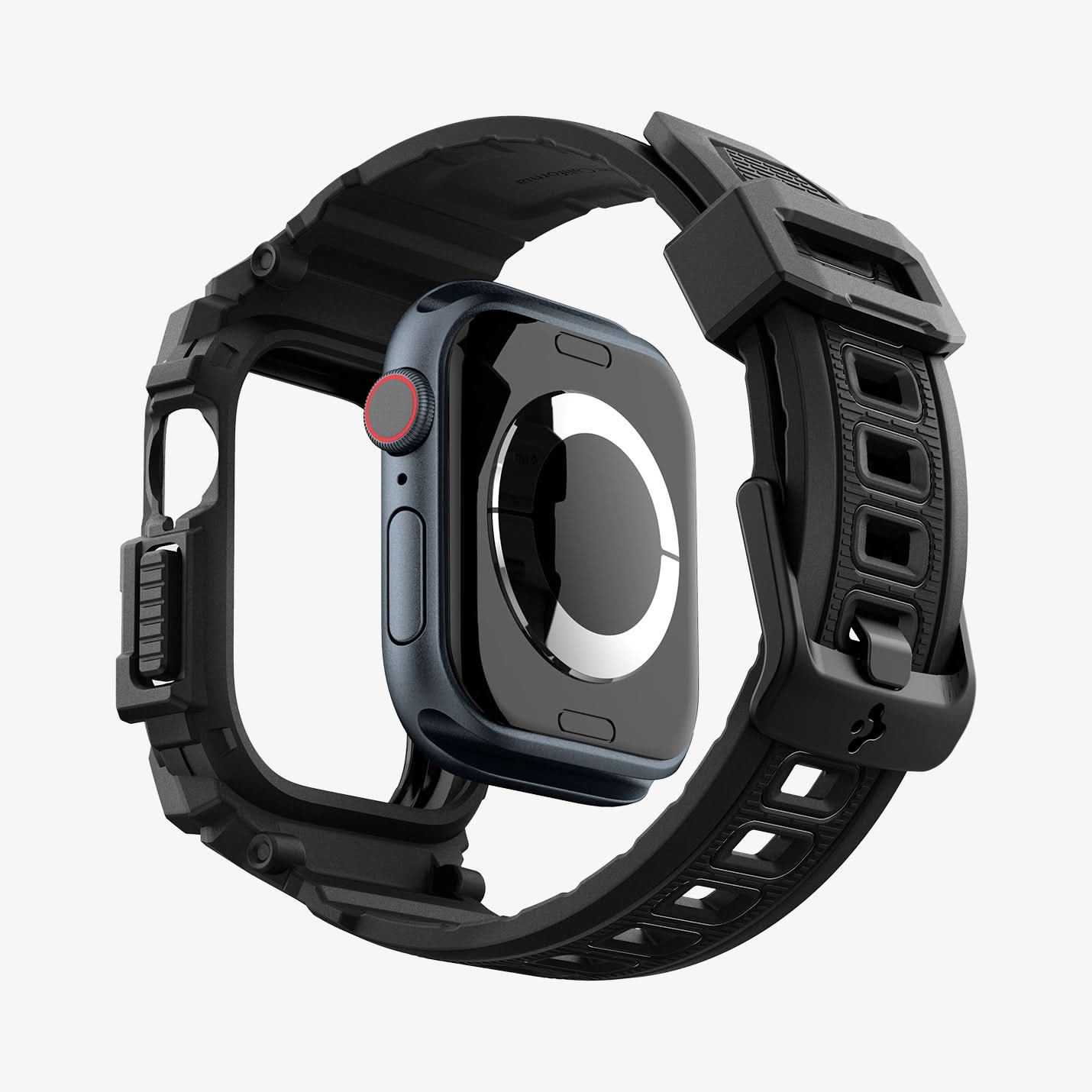ACS08591 - Apple Watch 10 (42mm) Case Rugged Armor Pro in Matte Black showing the back, detached from the case, hovering under the band, showing inner side and back