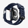ACS08592 - Apple Watch 10 (42mm) Case Rugged Armor Pro in Navy Blue showing the 
back, detached from the case, hovering under the band, showing inner side and back