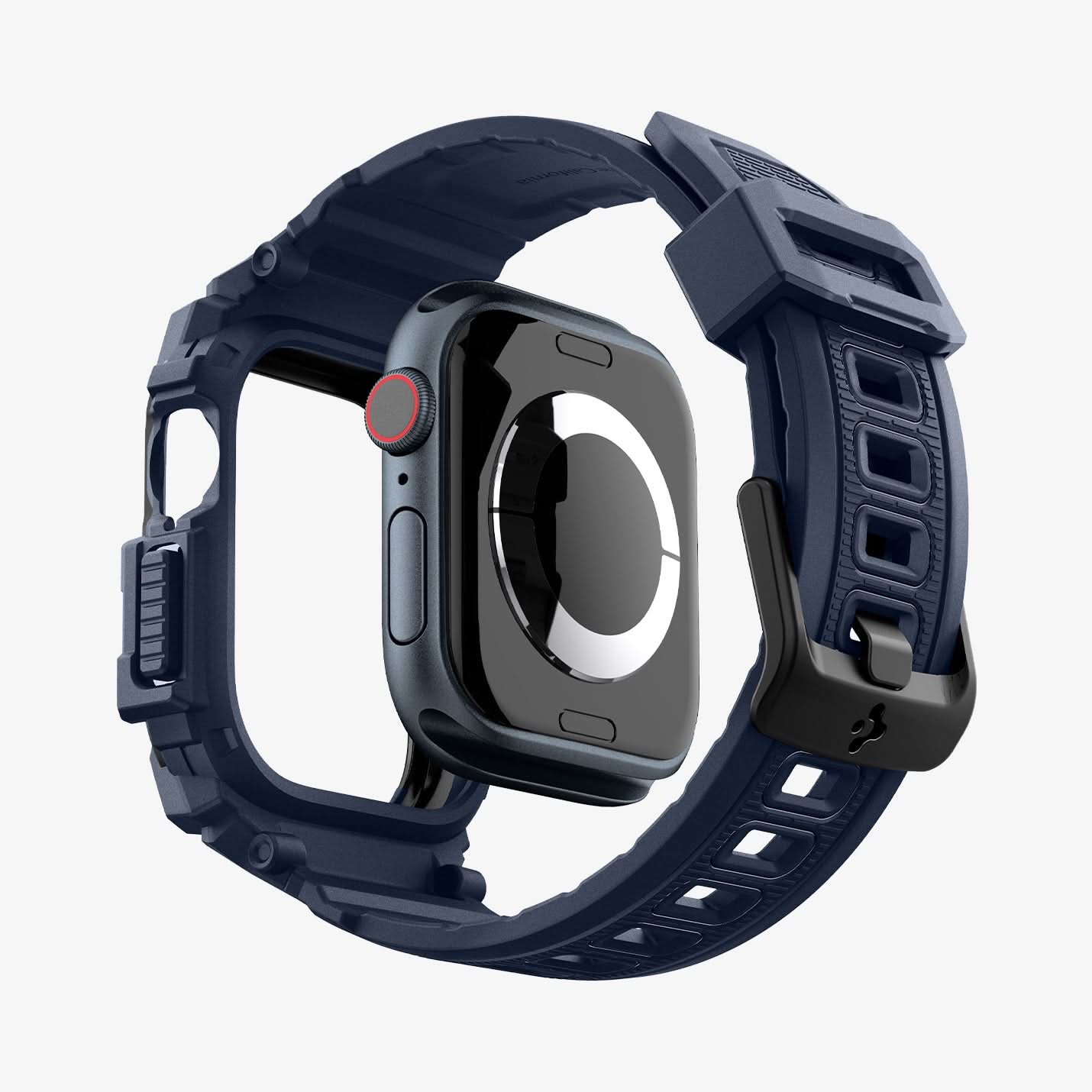 ACS08592 - Apple Watch 10 (42mm) Case Rugged Armor Pro in Navy Blue showing the 
back, detached from the case, hovering under the band, showing inner side and back