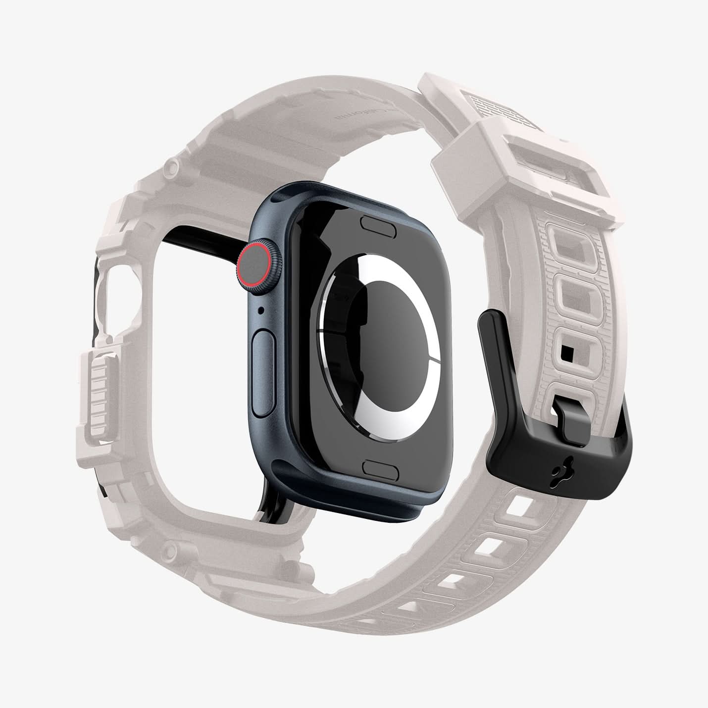 ACS08607 - Apple Watch 10 (46mm) Case Rugged Armor Pro in Dune Beige showing the back, detached from the case, hovering under the band, showing inner side and back