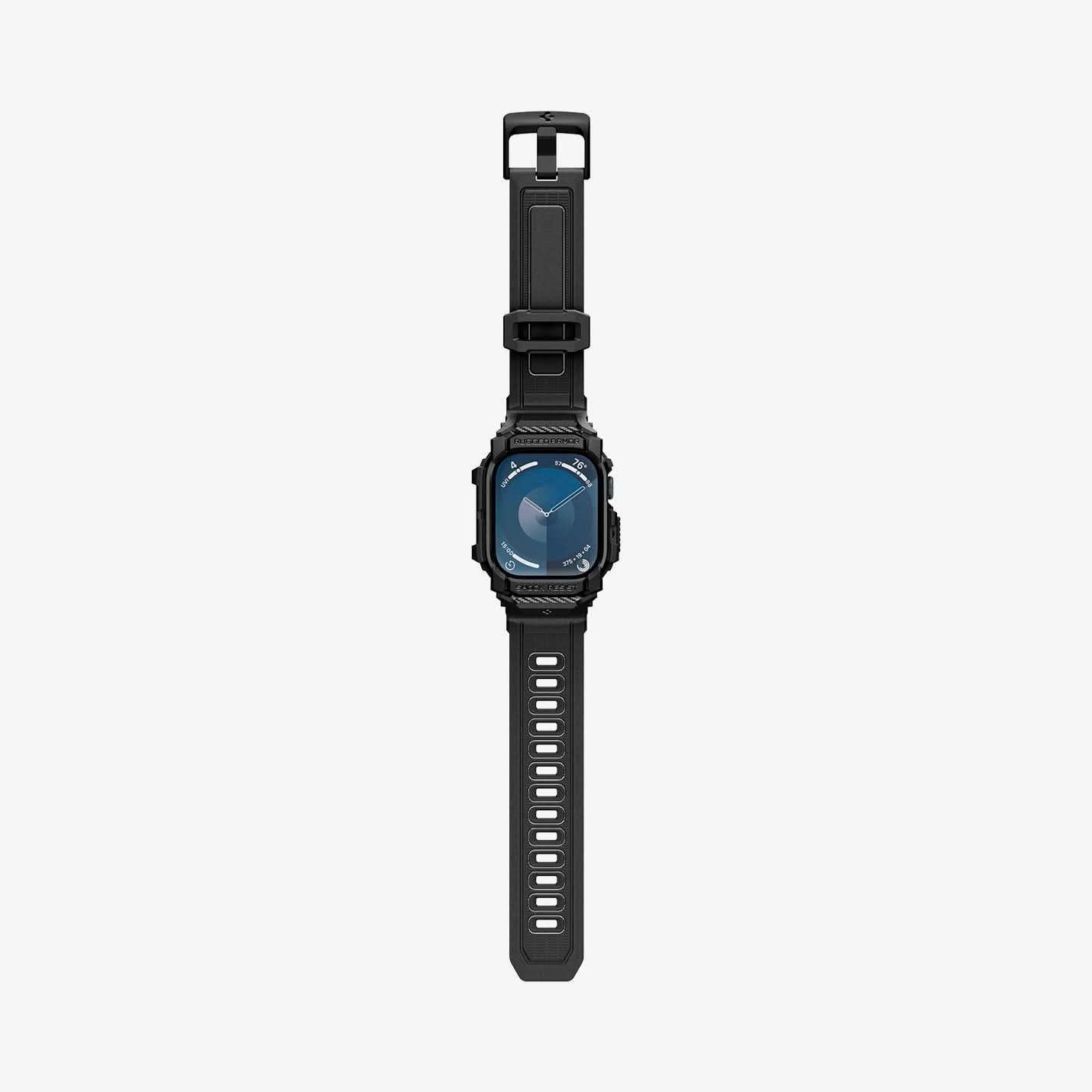 ACS08604 - Apple Watch 10 (46mm) Case Rugged Armor Pro in Matte Black showing the front, strap band laid flatly