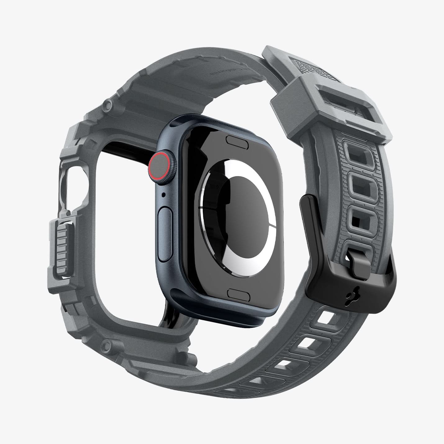 ACS08605 - Apple Watch 10 (46mm) Case Rugged Armor Pro in Dark Gray showing the back, detached from the case, hovering under the band, showing inner side and back