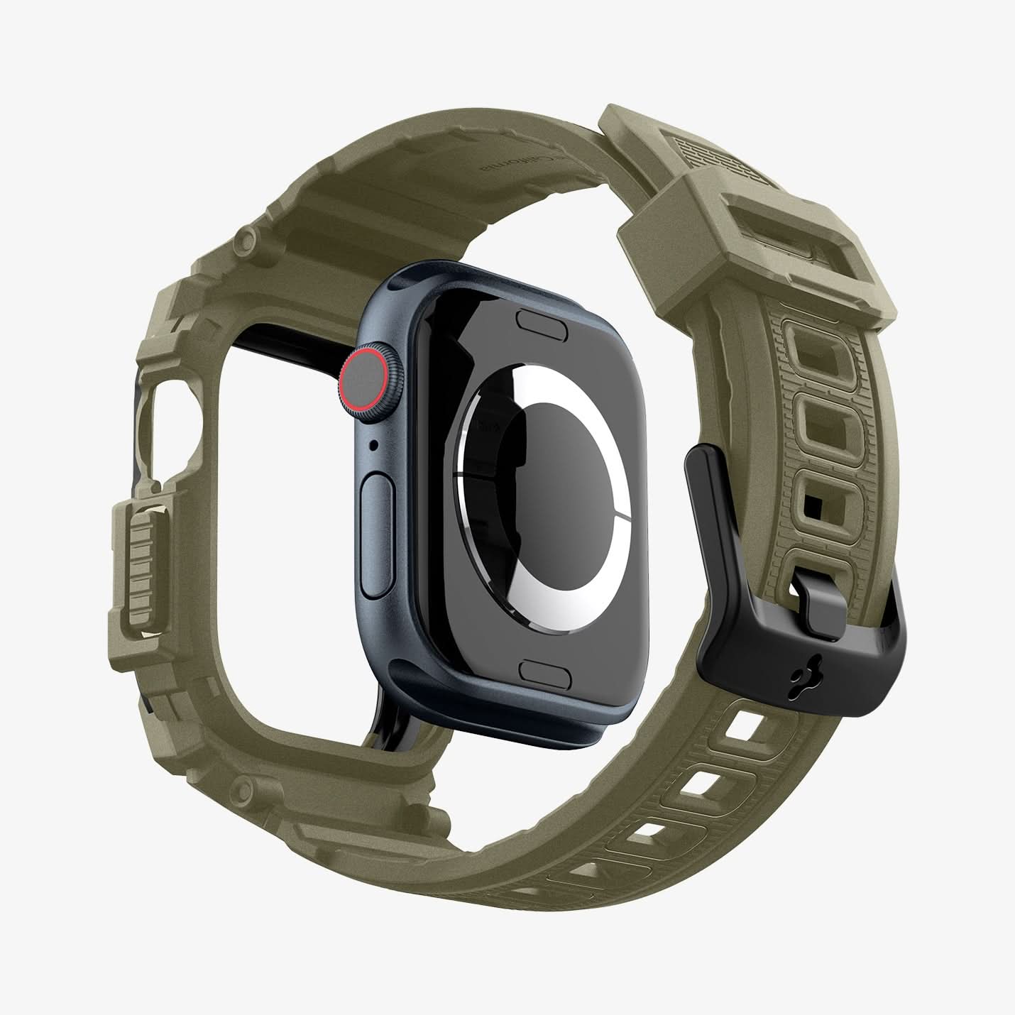 ACS08608 - Apple Watch 10 (46mm) Case Rugged Armor Pro in Vintage Khaki showing the back, detached from the case, hovering under the band, showing inner side and back