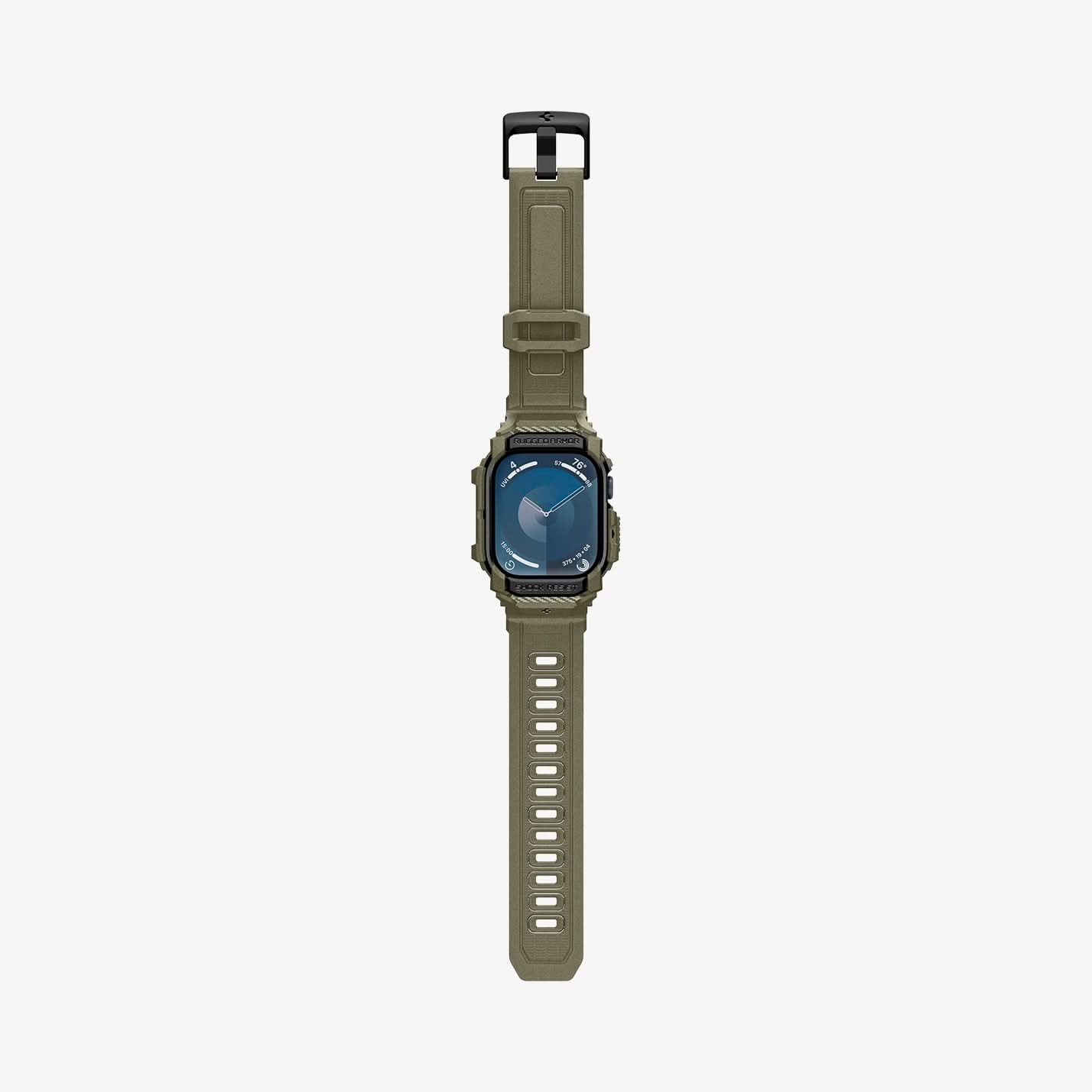 ACS08608 - Apple Watch 10 (46mm) Case Rugged Armor Pro in Vintage Khaki showing the front, strap band laid flatly