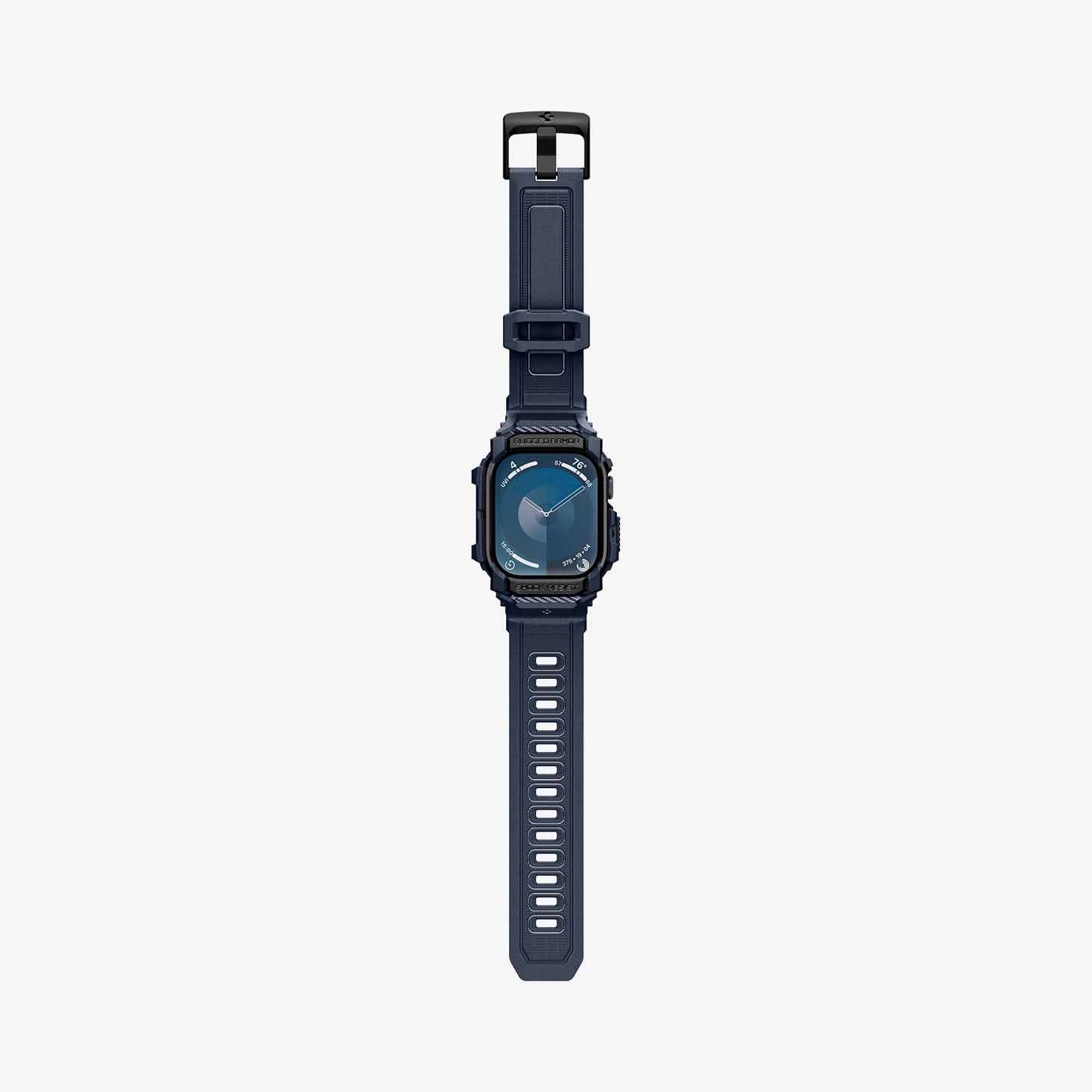 ACS08606 - Apple Watch 10 (46mm) Case Rugged Armor Pro in Navy Blue showing the front, strap band laid flatly