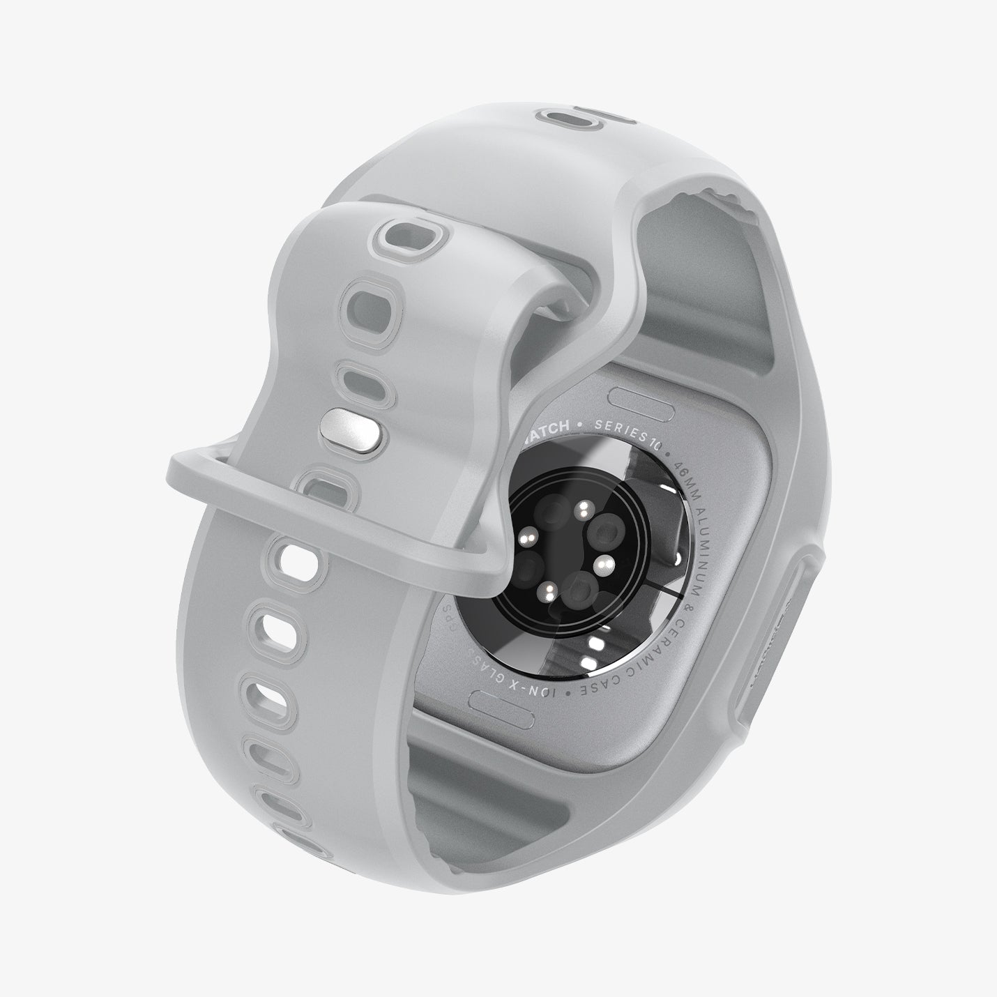 ACS09318 - Apple Watch 10 (46mm) Case Liquid Air Pro in Gray showing the back, partial inner and bottom strap slightly curled 