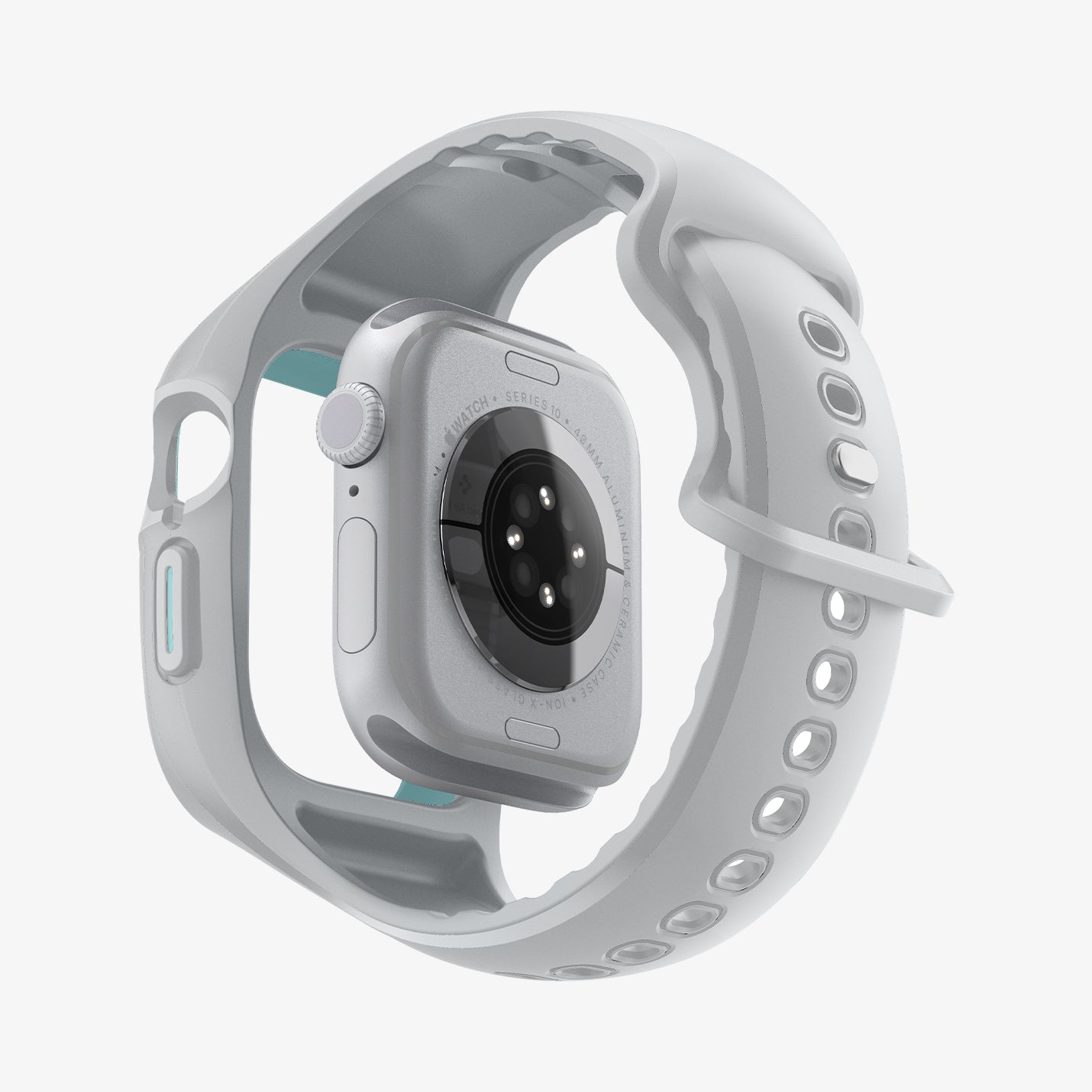 ACS09318 - Apple Watch 10 (46mm) Case Liquid Air Pro in Gray showing the watch face hovering under the watch band case showing side, partial inner and bottom