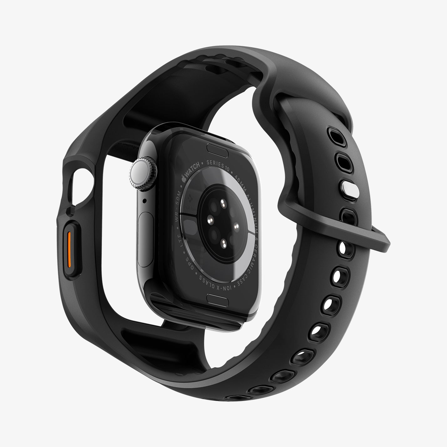 ACS09317 - Apple Watch 10 (46mm) Case Liquid Air Pro in Matte Black showing the watch face hovering under the watch band case showing side, partial inner and bottom