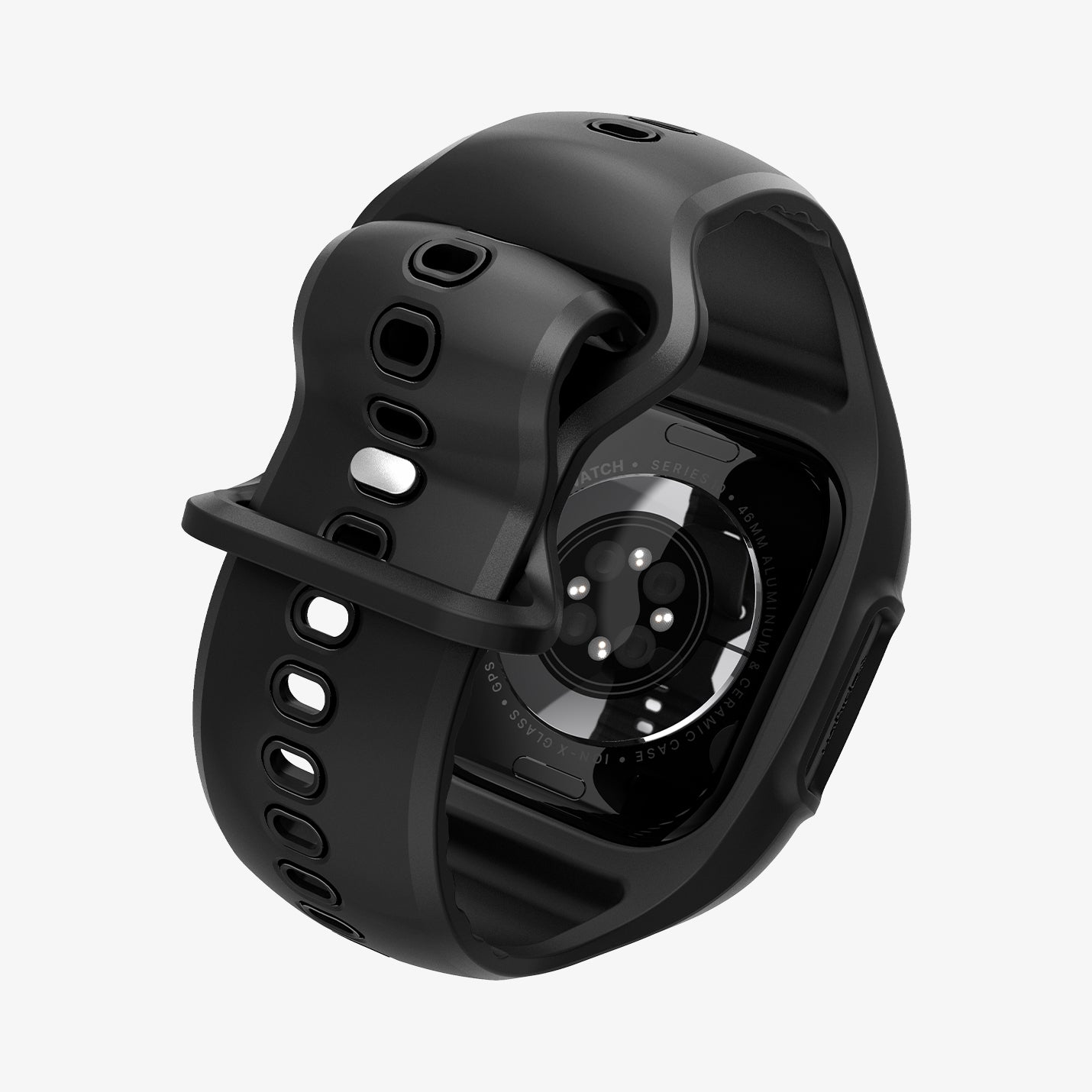 ACS09317 - Apple Watch 10 (46mm) Case Liquid Air Pro in Matte Black showing the back, partial inner and bottom strap slightly curled 