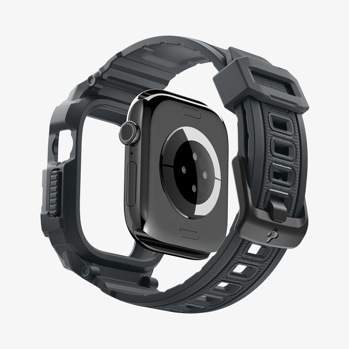 ACS11895 - Apple Watch Series 12 (46mm) Case Rugged Armor Pro in Dark Gray showing an exploded view highlighting the integrated protective frame, band, and buckle design