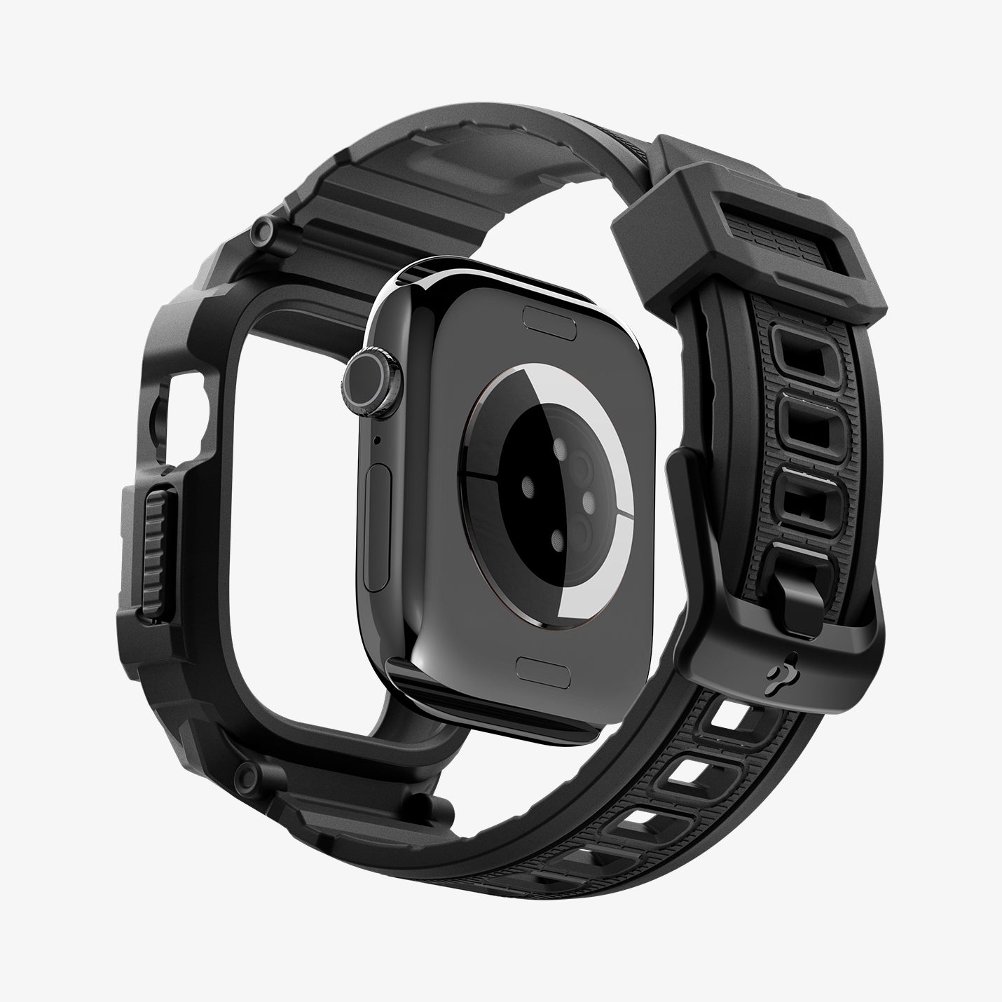 ACS11894 - Apple Watch Series 12 (46mm) Case Rugged Armor Pro in Matte Black showing an exploded view highlighting the integrated protective frame, band, and buckle design
