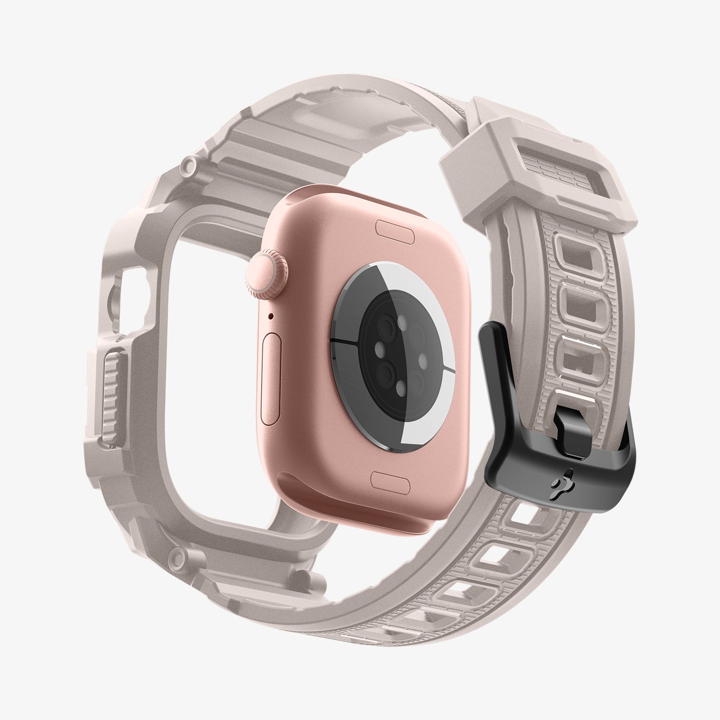 ACS11897 - Apple Watch Series 12 (46mm) Case Rugged Armor Pro in Dune Beige showing an exploded view highlighting the integrated protective frame, band, and buckle design