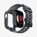 ACS07387 - Apple Watch (45mm) Rugged Armor Pro in Dark Gray showing the back face detached, hovering under, showing partial inner and bottom of the band