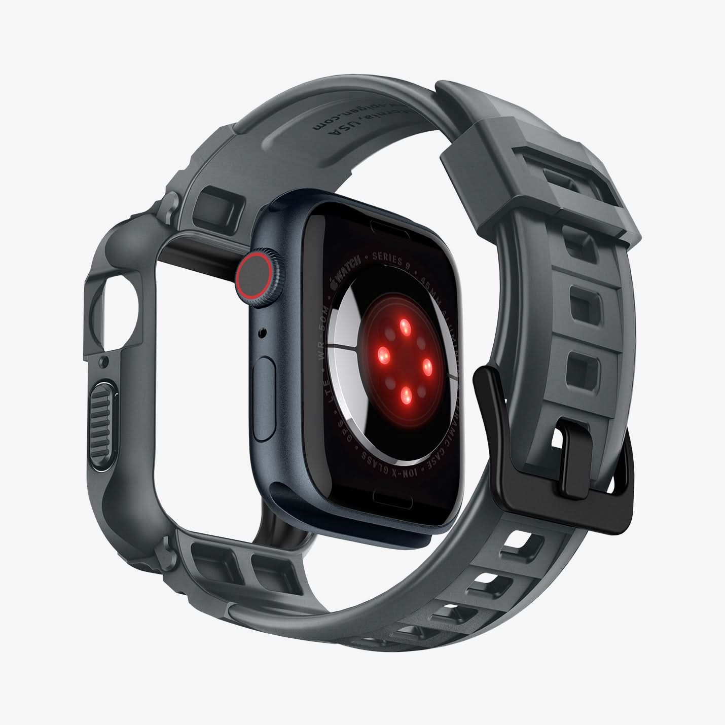 ACS07387 - Apple Watch (45mm) Rugged Armor Pro in Dark Gray showing the back face detached, hovering under, showing partial inner and bottom of the band