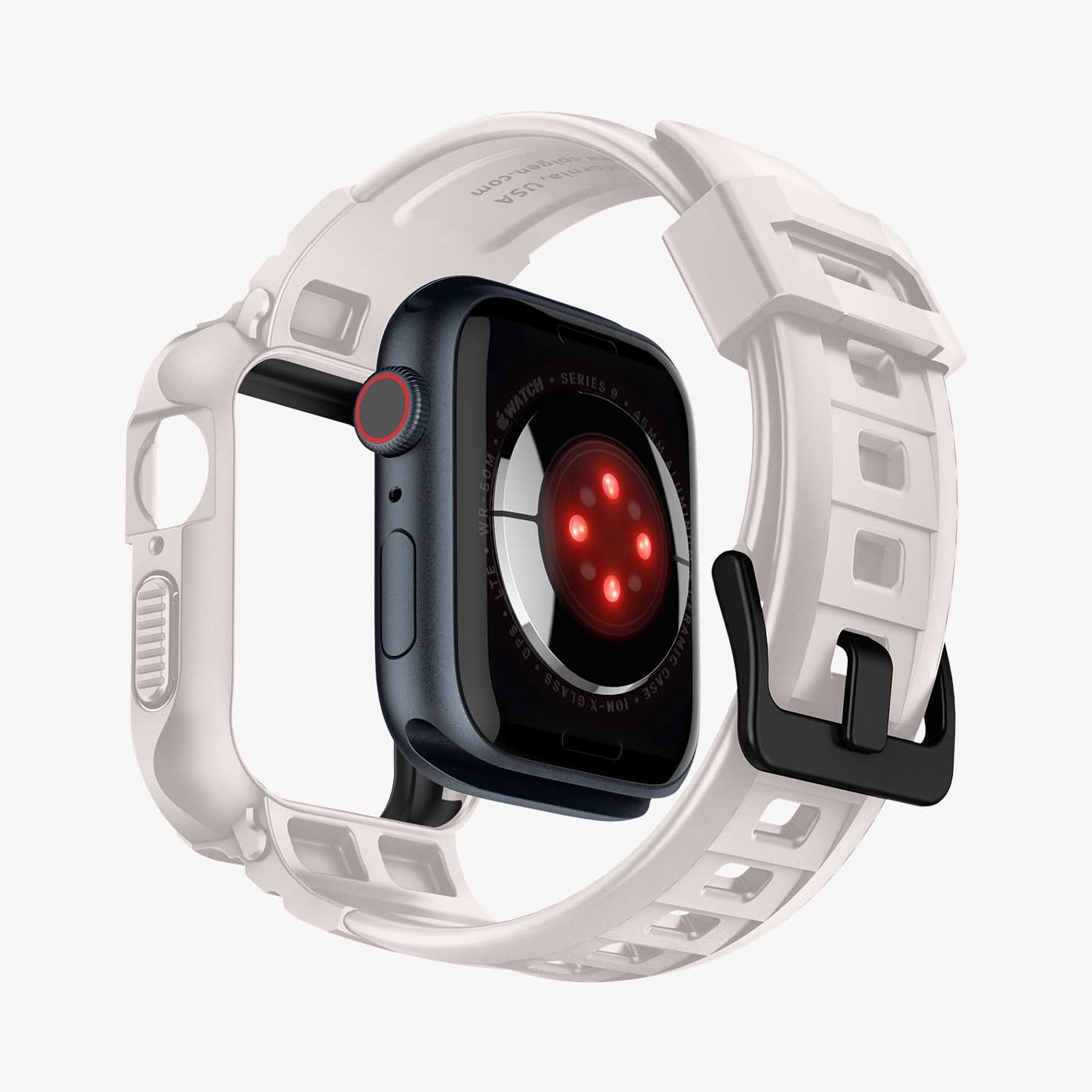 ACS07386 - Apple Watch (45mm) Rugged Armor Pro in Dune Beige showing the back with watch face hovering away from band