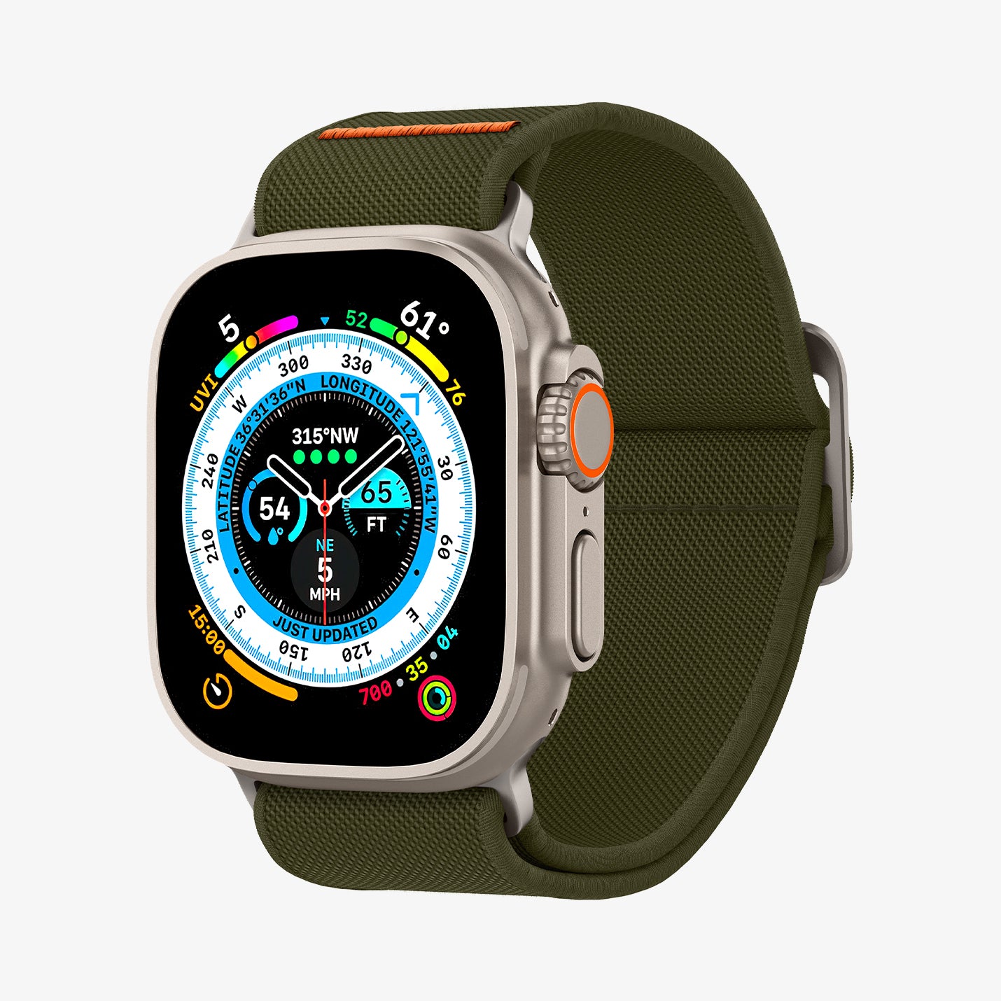 AMP05985 - Apple Watch Series (Apple Watch (49mm)/Apple Watch (45mm)/Apple Watch (42mm)) Watch Band Lite Fit Ultra màu kaki hiển thị mặt trước và mặt trong của dây đeo