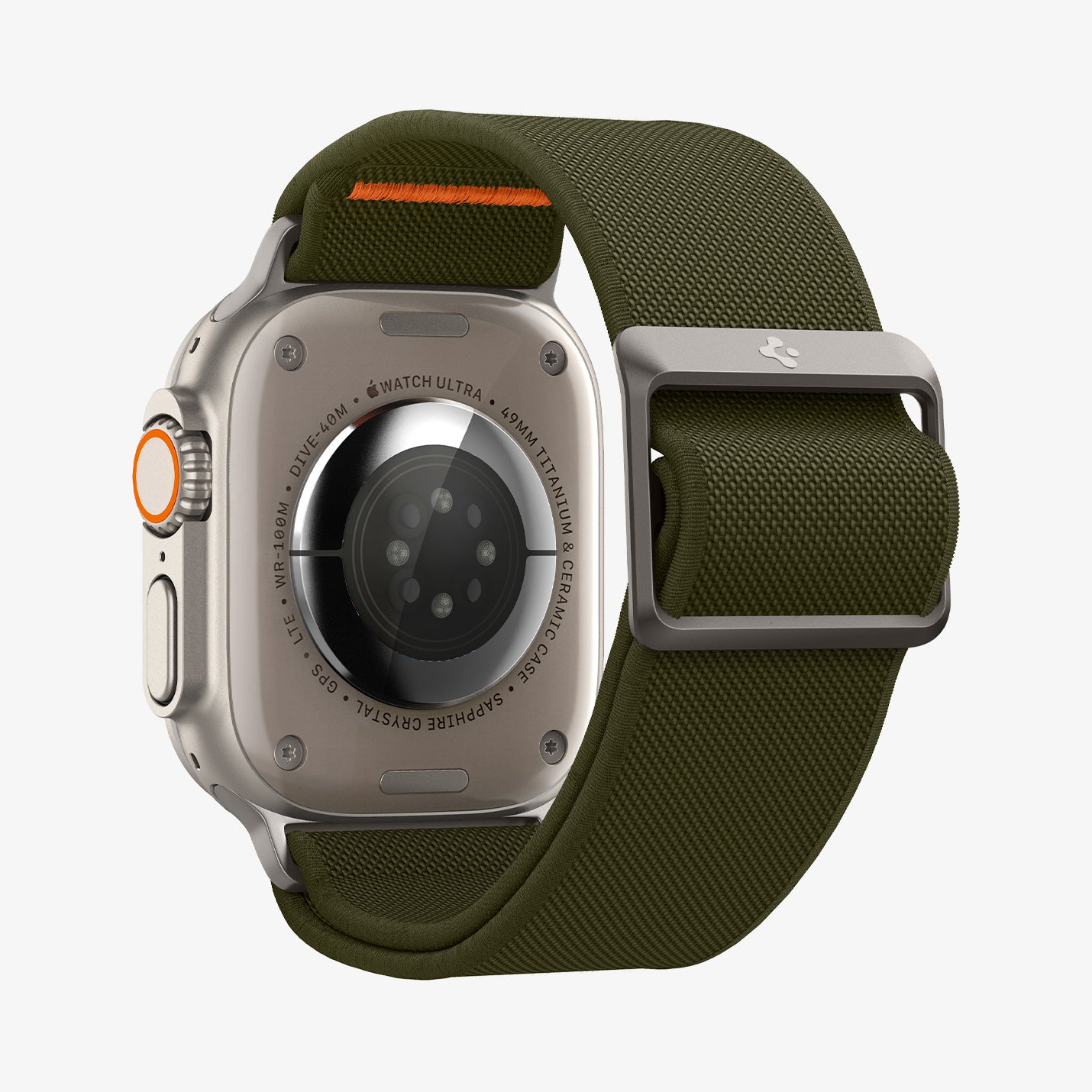 AMP05985 - Apple Watch Series (Apple Watch (49mm)/Apple Watch (45mm)/Apple Watch (42mm)) Watch Band Lite Fit Ultra màu kaki hiển thị mặt sau của mặt đồng hồ