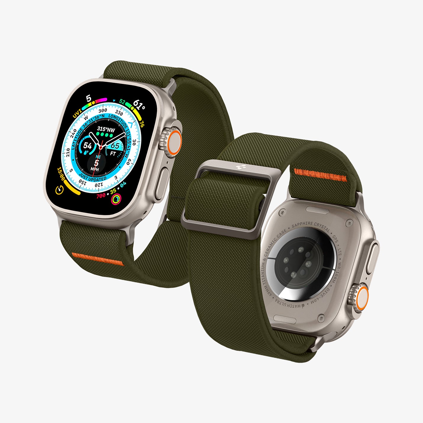 AMP05985 - Apple Watch Series (Apple Watch (49mm)/Apple Watch (45mm)/Apple Watch (42mm)) Watch Band Lite Fit Ultra màu kaki hiển thị mặt trước và mặt sau