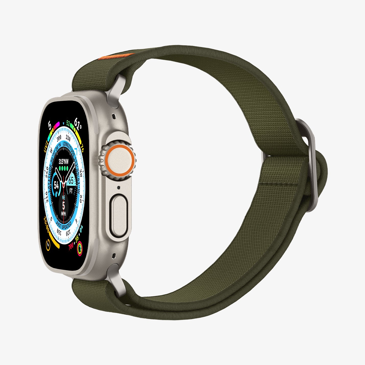 AMP05985 - Apple Watch Series (Apple Watch (49mm)/Apple Watch (45mm)/Apple Watch (42mm)) Watch Band Lite Fit Ultra màu kaki hiển thị mặt trước và mặt bên