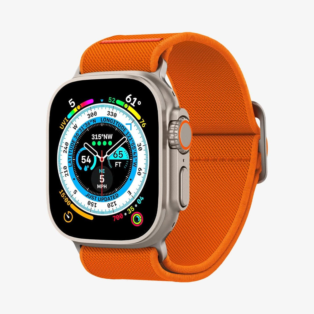 AMP05986 - Apple Watch Series (Apple Watch (49mm)/Apple Watch (45mm)/Apple Watch (42mm)) Watch Band Lite Fit Ultra in orange showing the front and inside of band