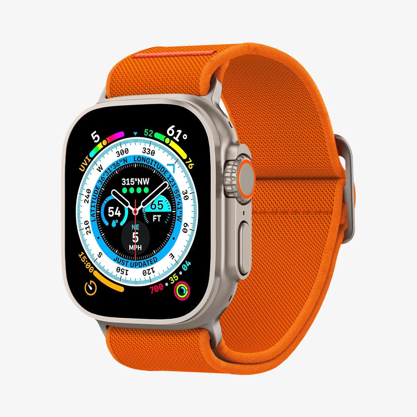 AMP05986 - Apple Watch Series (Apple Watch (49mm)/Apple Watch (45mm)/Apple Watch (42mm)) Watch Band Lite Fit Ultra in orange showing the front and inside of band