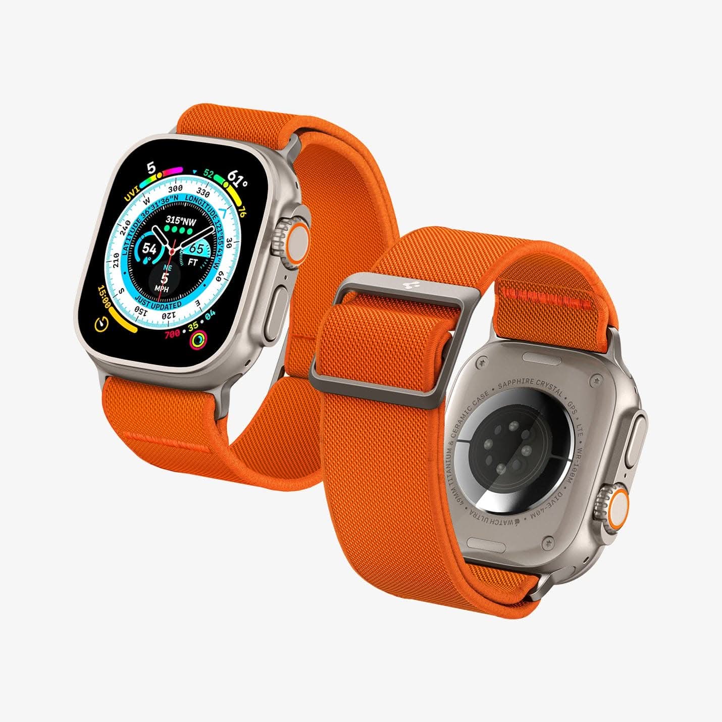 AMP05986 - Apple Watch Series (Apple Watch (49mm)/Apple Watch (45mm)/Apple Watch (42mm)) Watch Band Lite Fit Ultra in orange showing the front and back