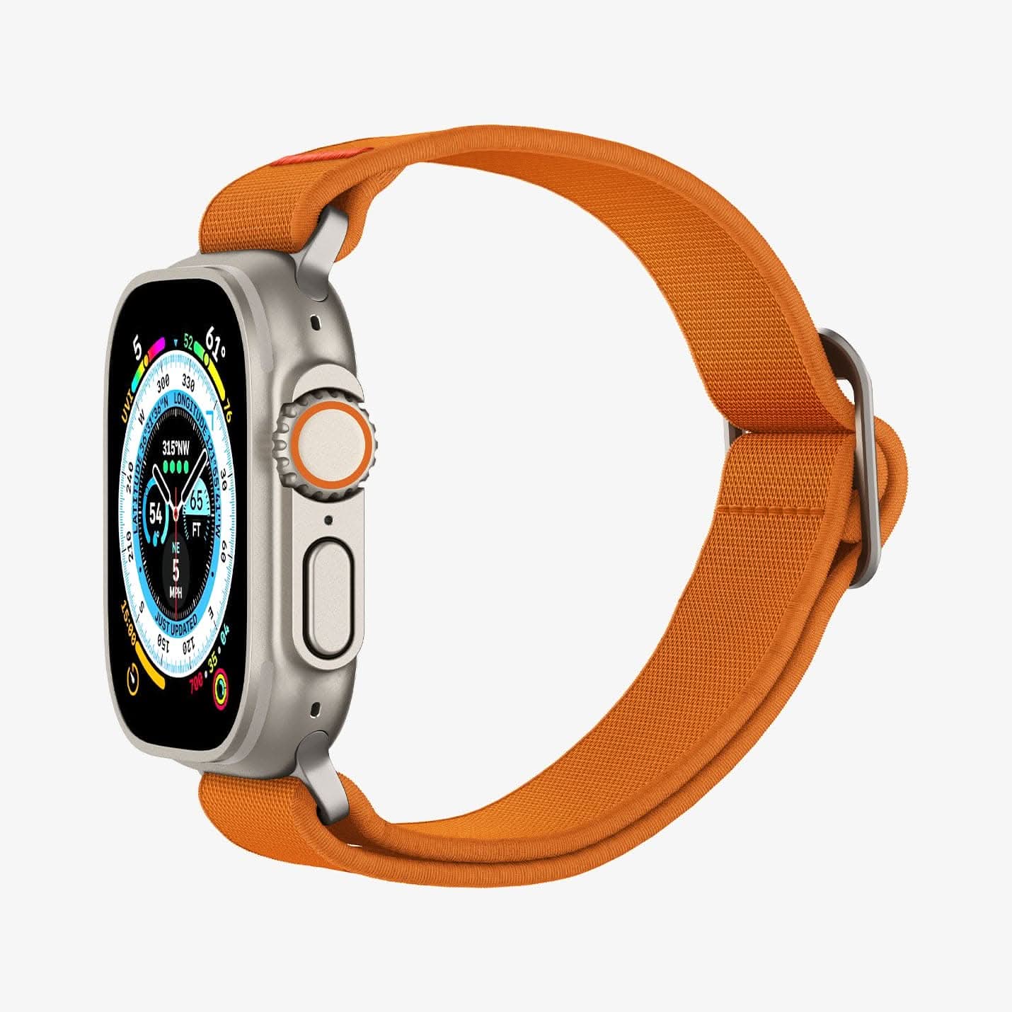 AMP05986 - Apple Watch Series (Apple Watch (49mm)/Apple Watch (45mm)/Apple Watch (42mm)) Watch Band Lite Fit Ultra in orange showing the front and side