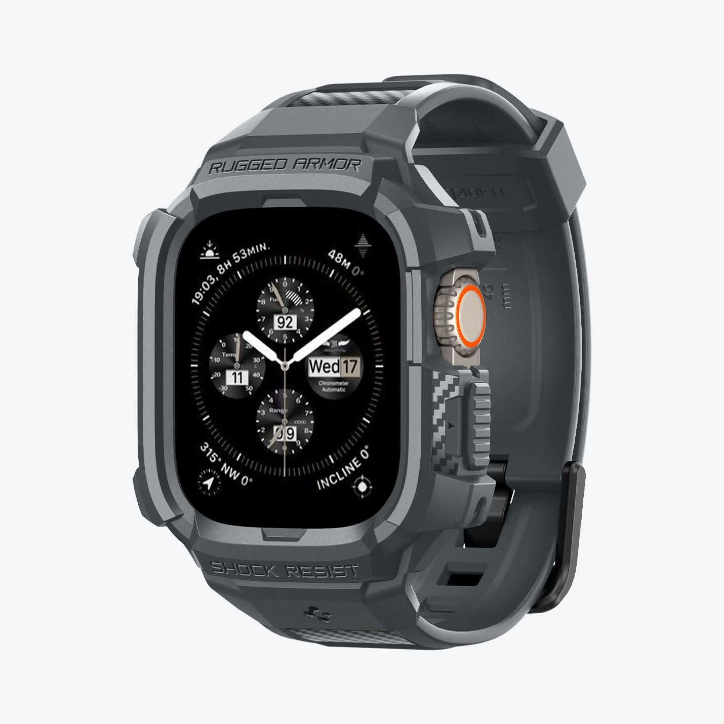 ACS07390 - Apple Watch (49mm) Rugged Armor Pro in Dark Grey showing the front, partial side and bottom