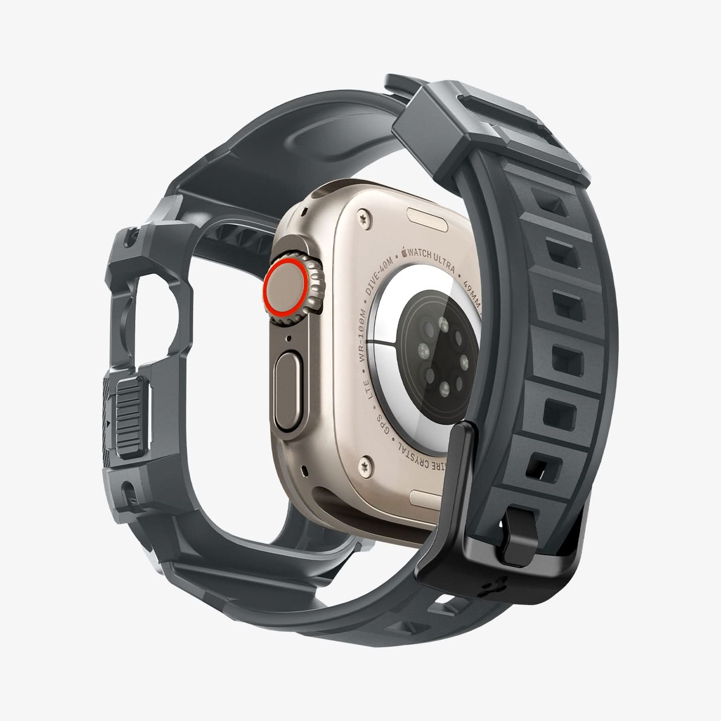 ACS07390 - Apple Watch (49mm) Rugged Armor Pro in Dark Gray showing the back with watch face hovering away from band