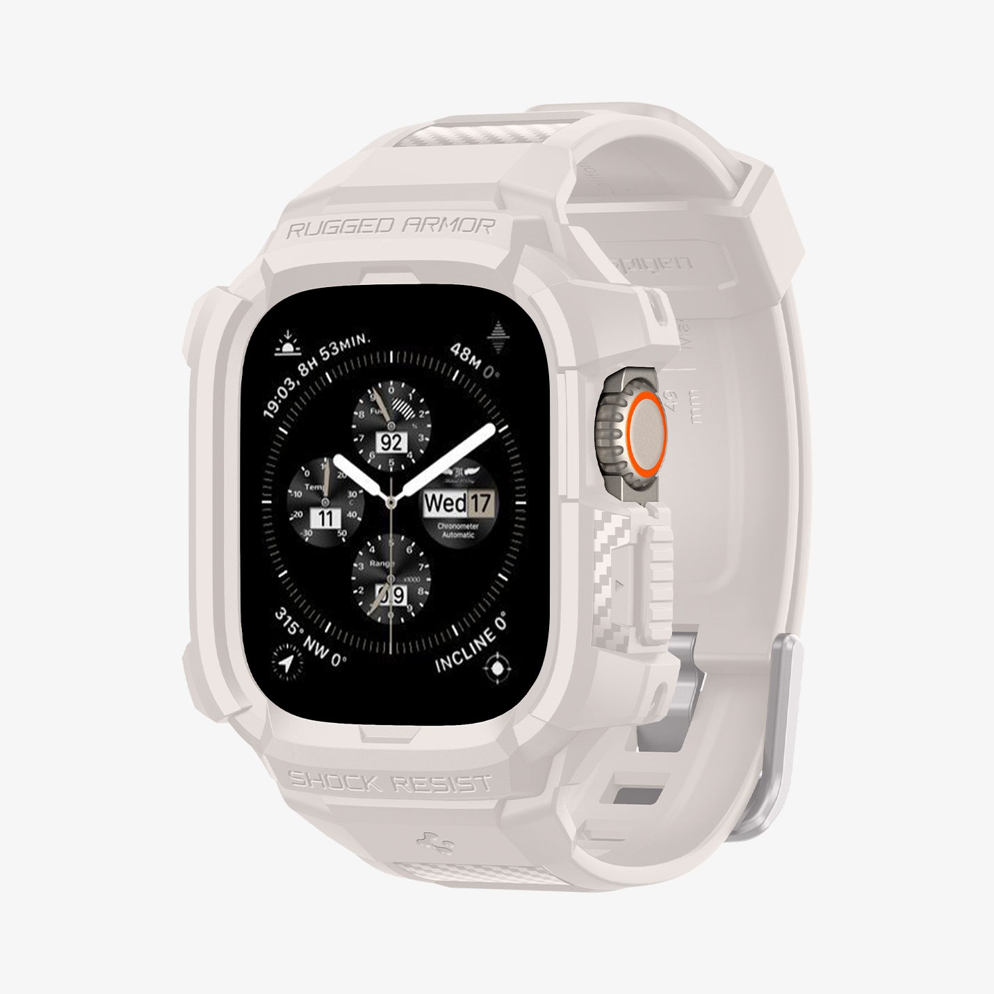 ACS07388 - Apple Watch (49mm) Rugged Armor Pro in Dune Beige showing the front, partial side and bottom