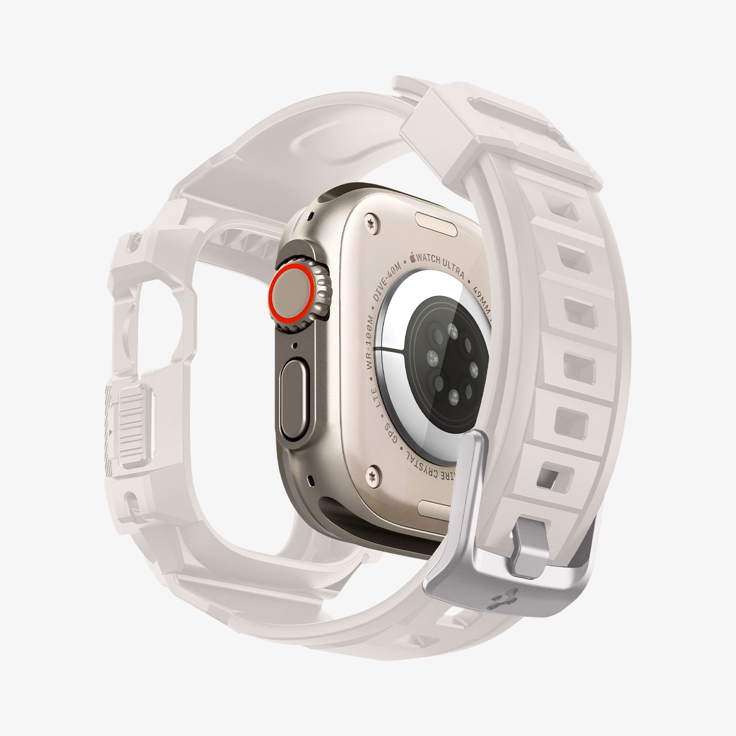 ACS07388 - Apple Watch (49mm) Rugged Armor Pro in Dune Beige showing the back with watch face hovering away from band
