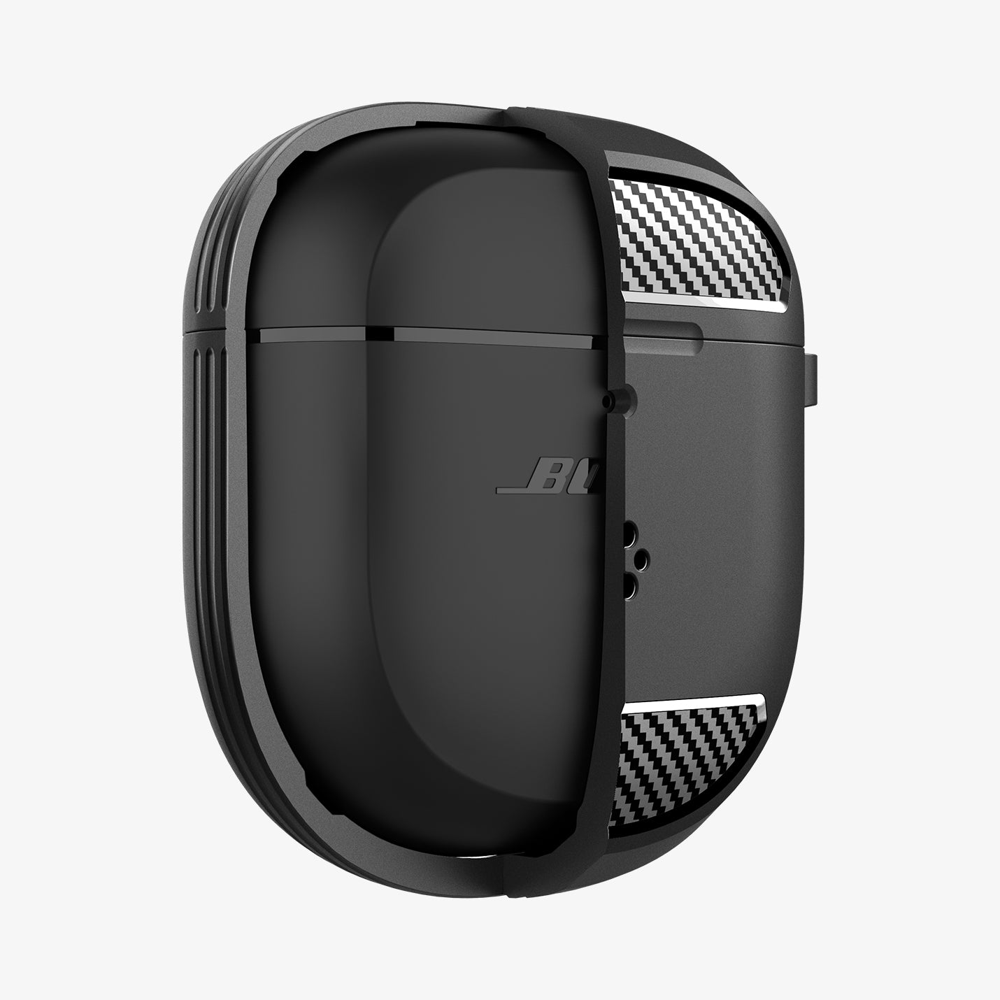 ACS05591 - Bose Earbuds Quiet Comfort 2 Case Rugged Armor in black showing the front with case half cut open