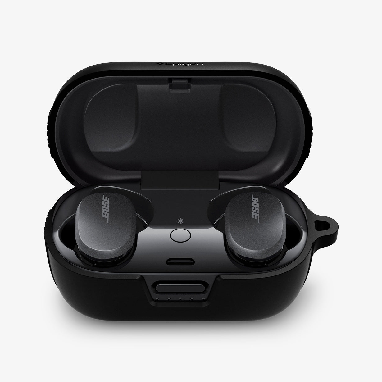 ASD02487 - Bose Earbuds Quiet Comfort Case Rugged Armor in black showing the front with top open and earbuds inside