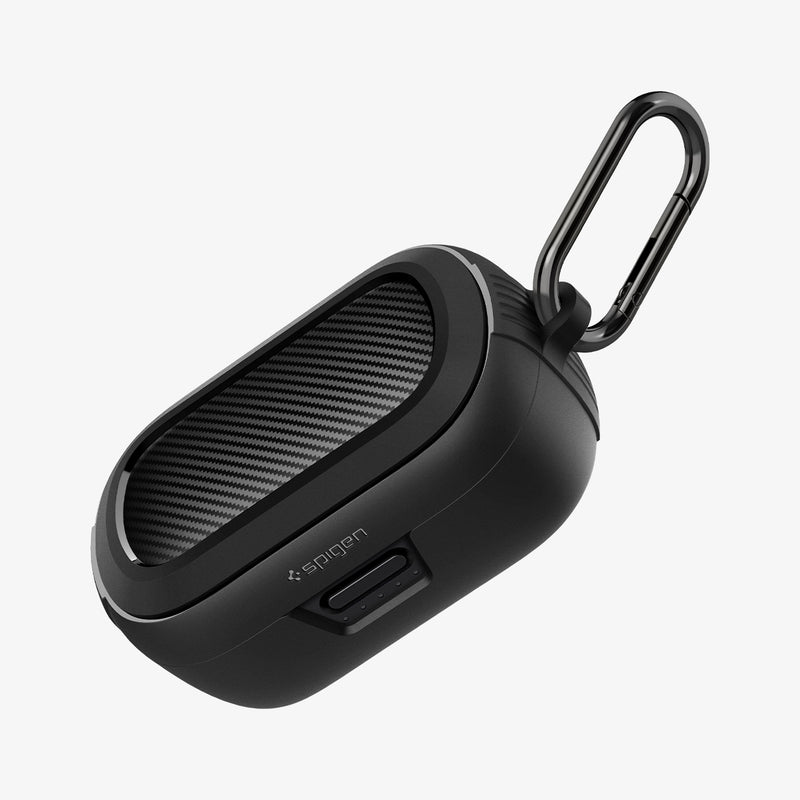 ASD02487 - Bose Earbuds Quiet Comfort Case Rugged Armor in black showing the front, bottom, partial side and carabiner