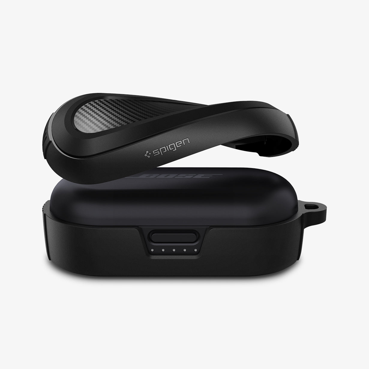 ASD02572 - Bose Earbuds Sports Case Rugged Armor in black showing the top of case bending and hovering above the earbuds